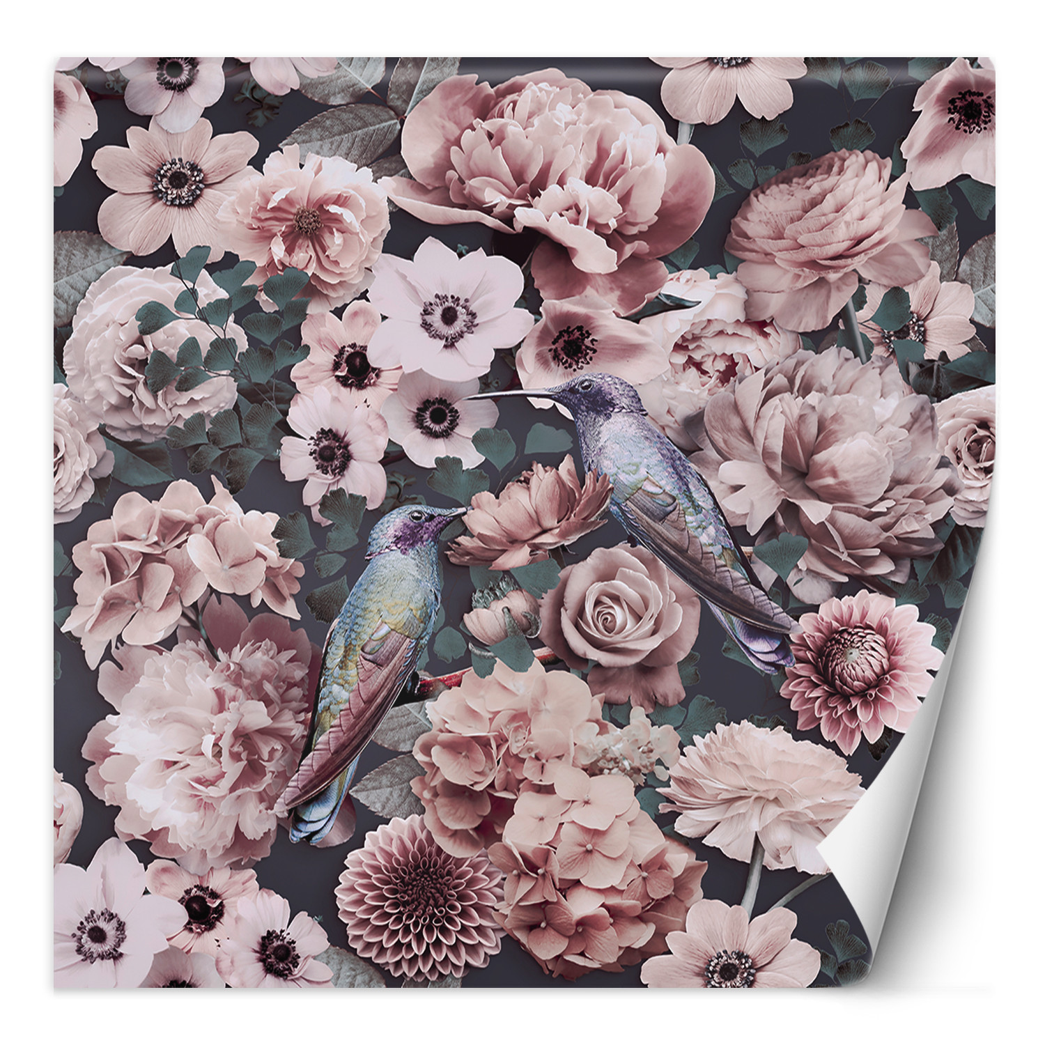Fototapete, Tropische Vögel Blätter Rosa Blumen Abstrakt - Andrea Haase