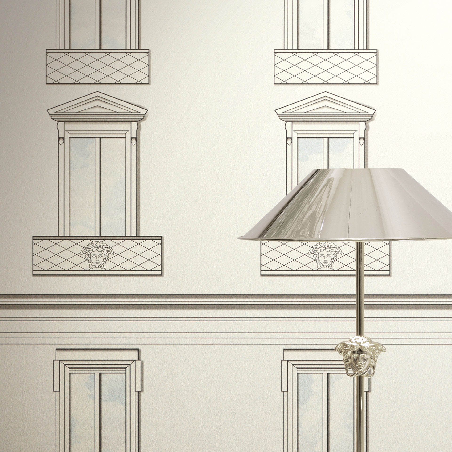 Versace Vliesbehang Palazzo No 12 raamgevel wit grijs neo klassiek