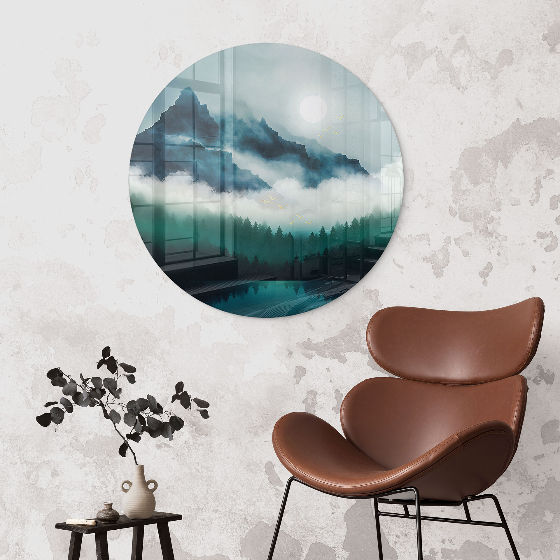 Glasbild Neblige Landschaft in der Nacht - SpaceFrog Designs - Rund