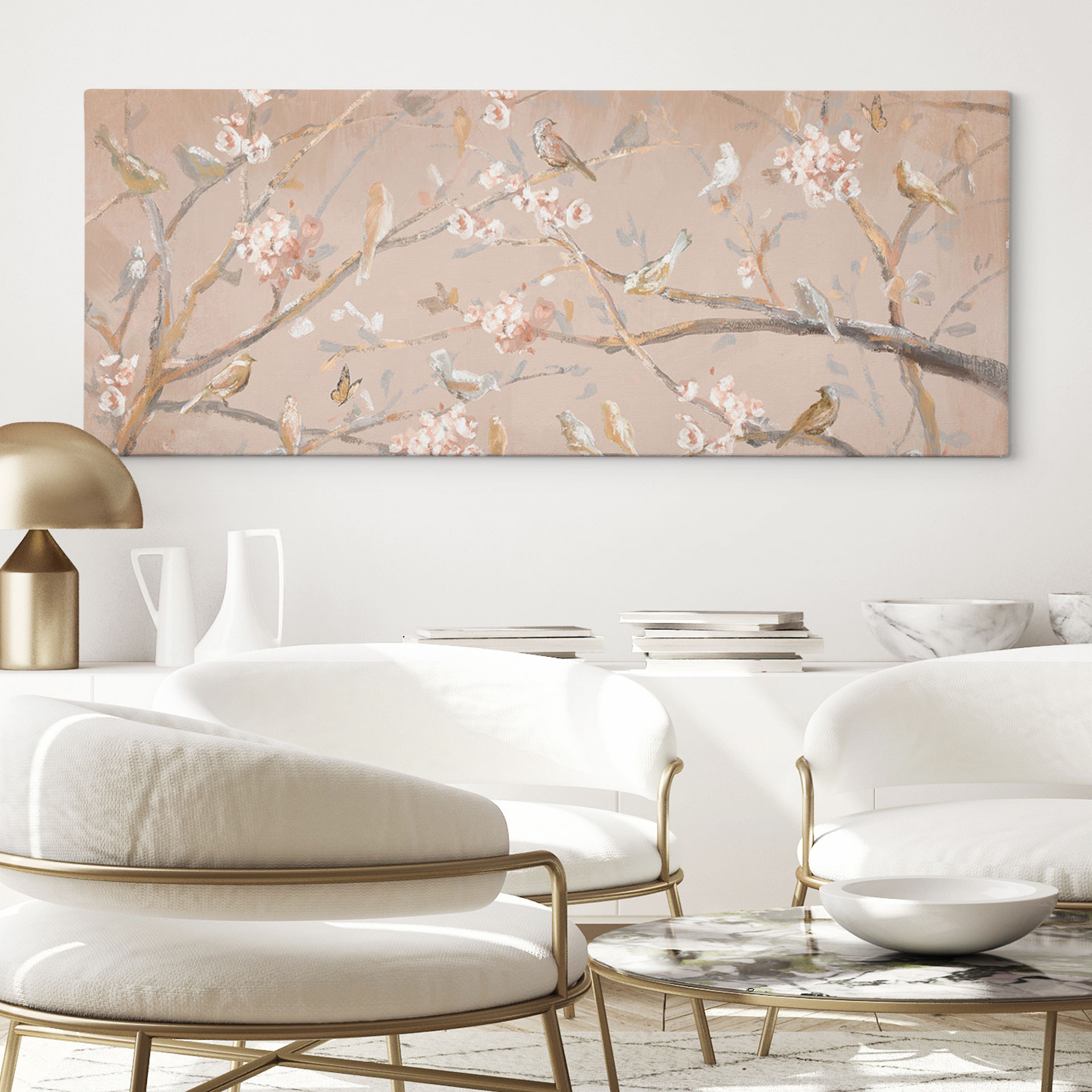Canvasbillede Fugle på Kirsebærblomster - Cheney - Panorama