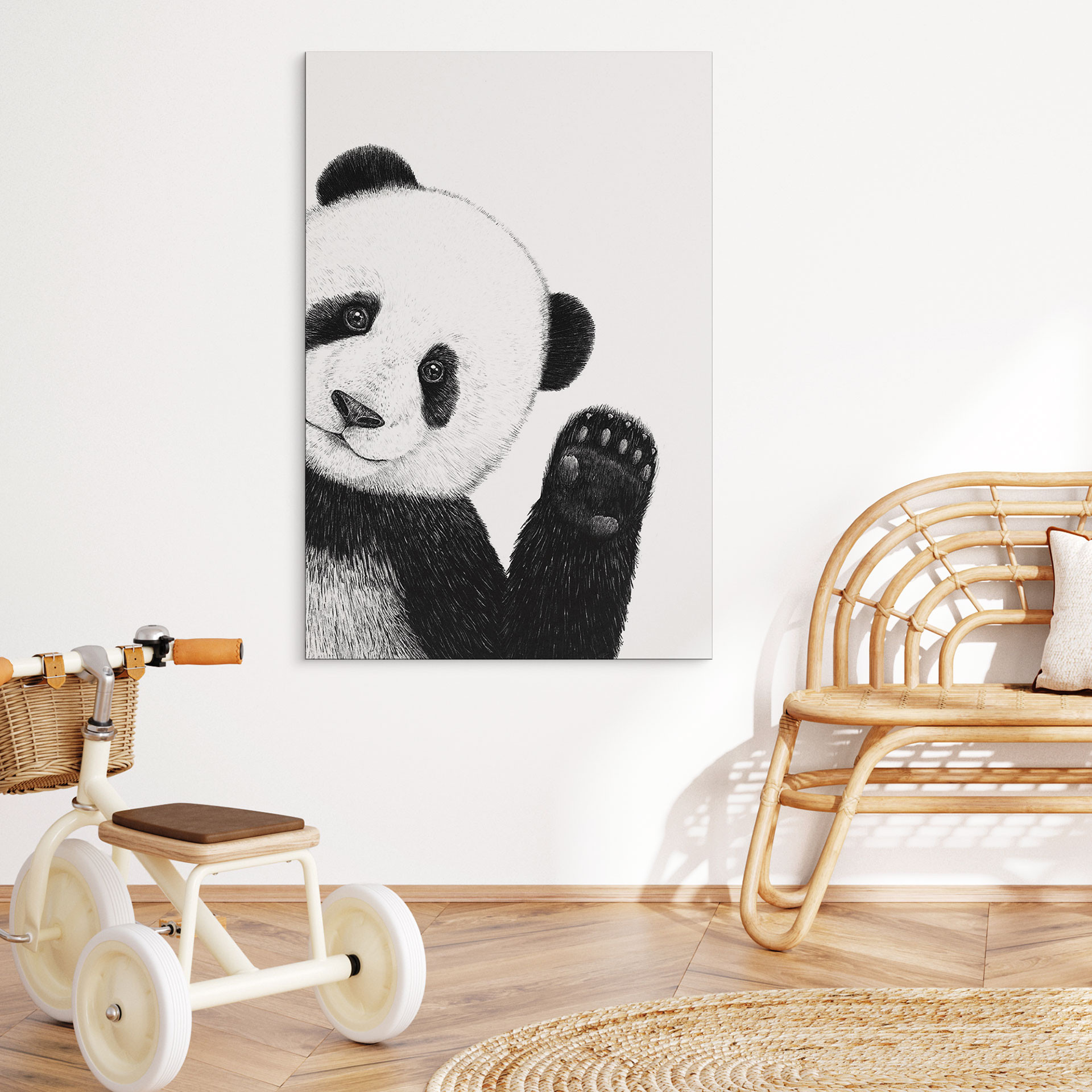 Vægmaleri vinkende panda - Korenkova – print på aluminium (Alu-Dibond)