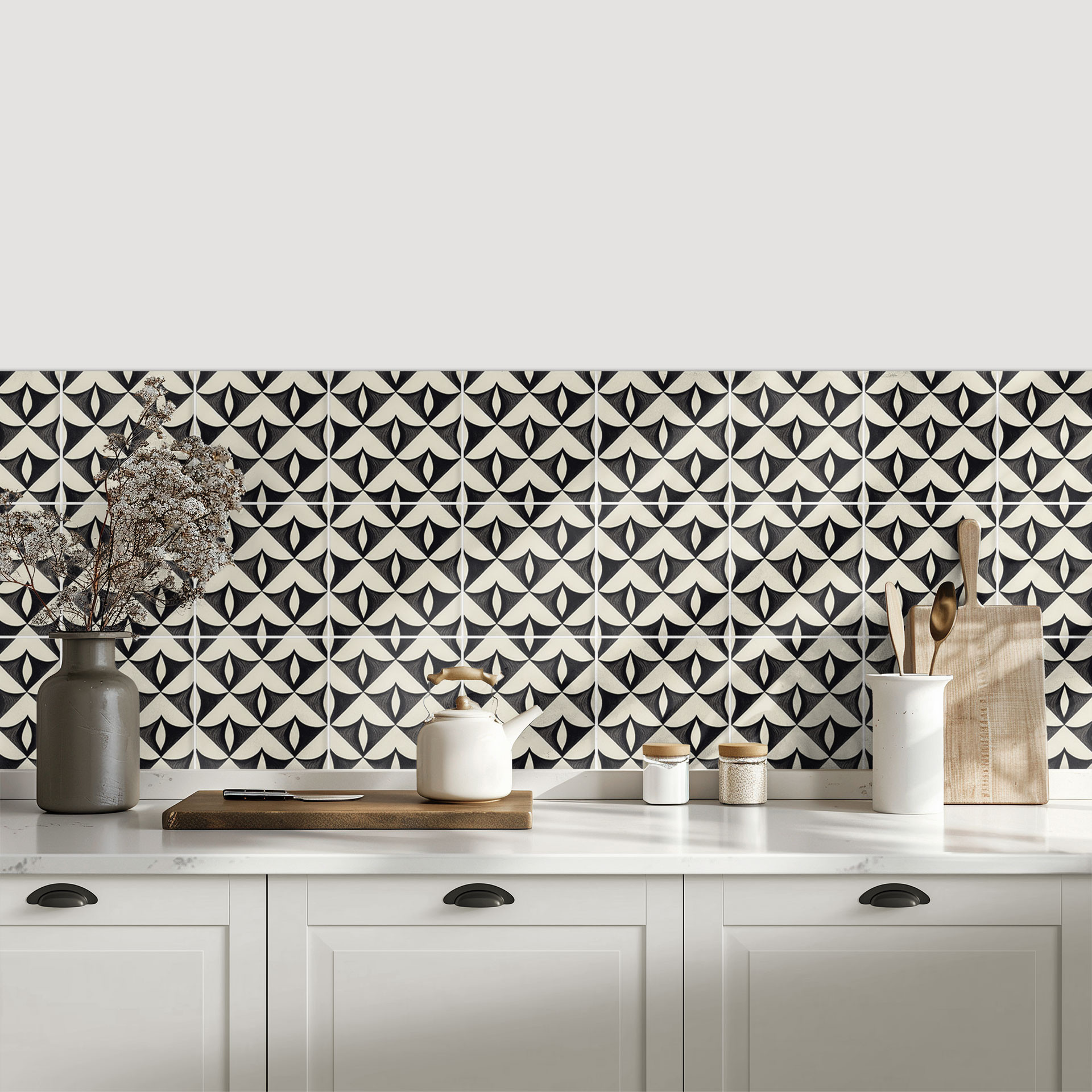 Naklejki na płytki Geometryczne ornamenty w kolorze czarno-beżowym - Treechild - zestaw 12 sztuk