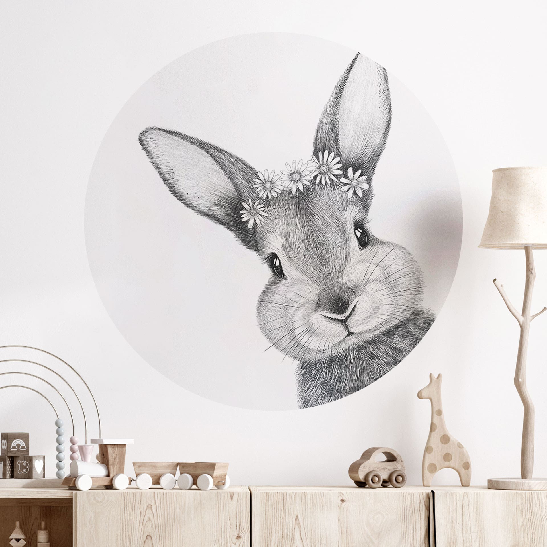 Wandtattoo Niedlicher Hase mit Kamillenblumen - Korenkova - Rund