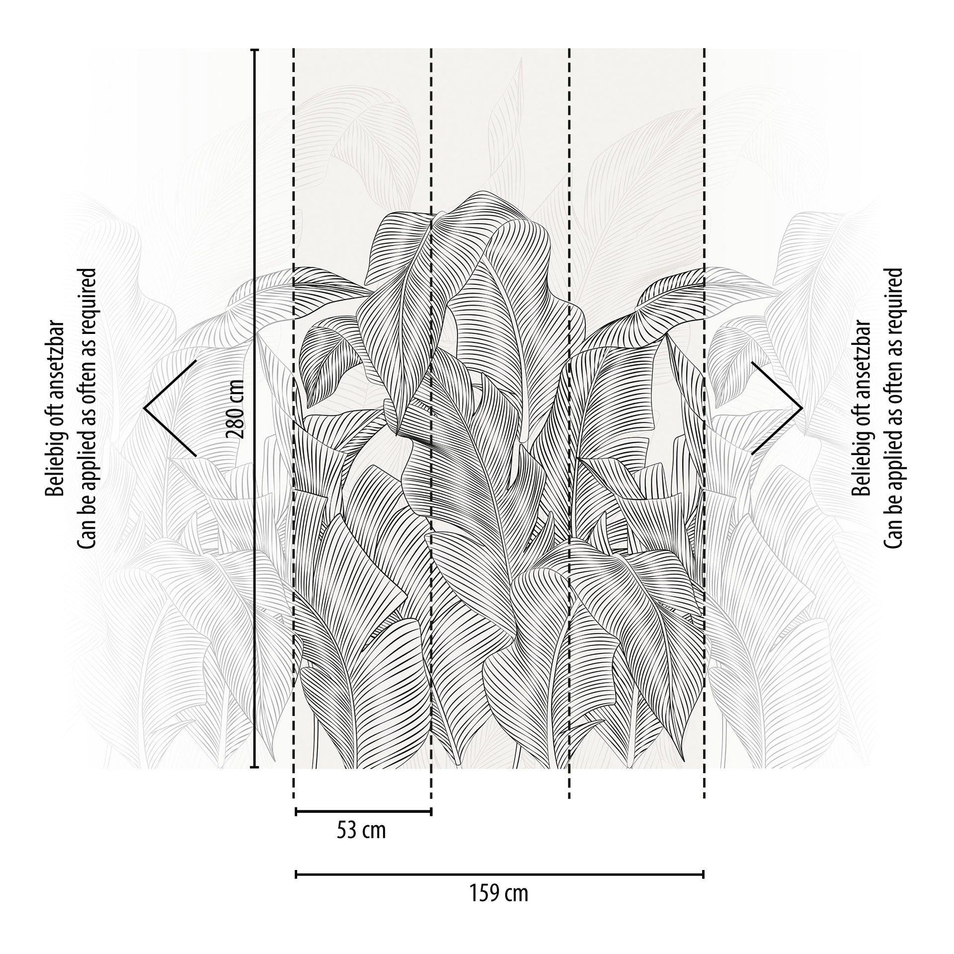 Vliesbehang jungle bladeren grijs zwart mat uittrekbaar 1,59 x 2,80 m Vliesbehang