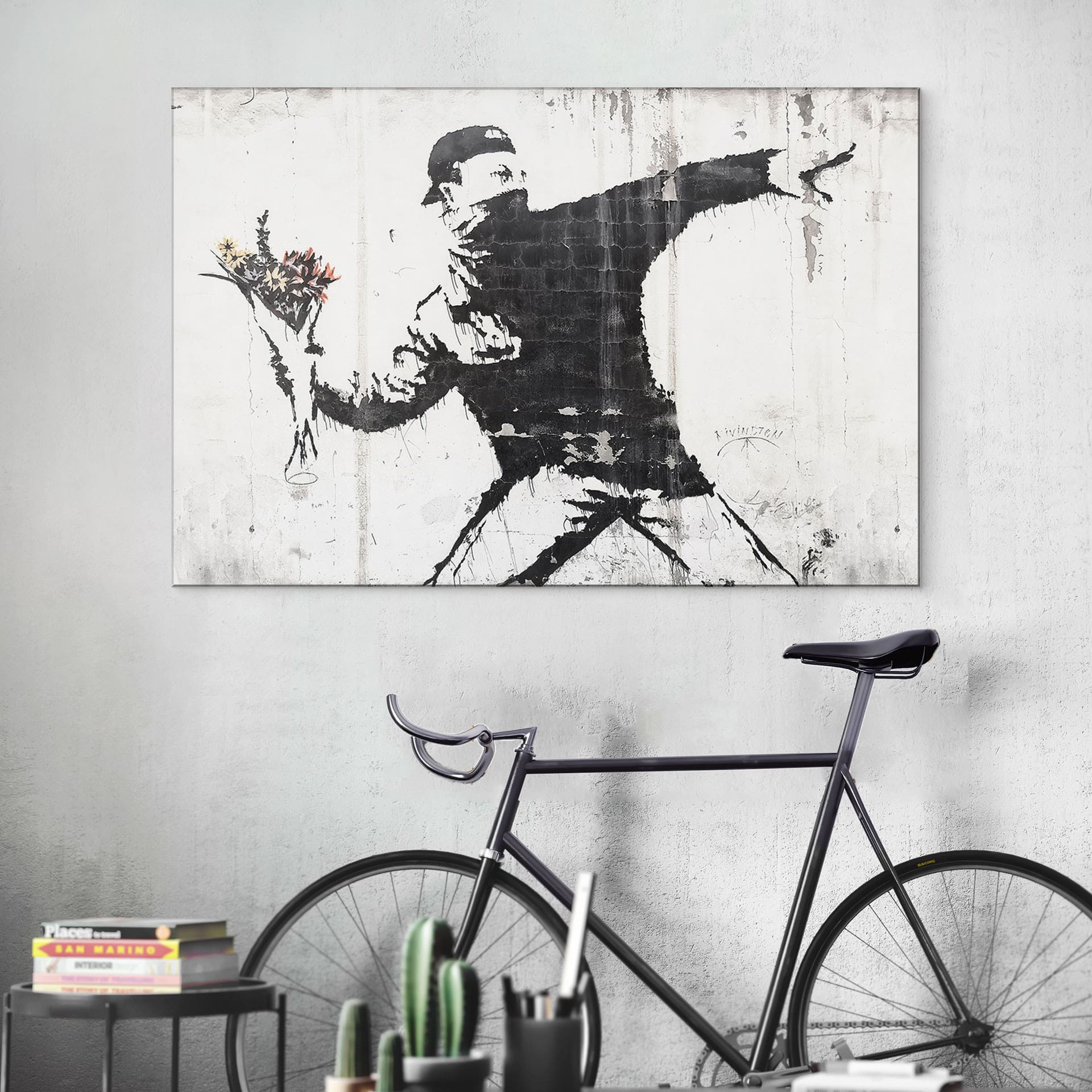 Wandbild Banksy - Der Blumenwerfer - Alu-Dibond