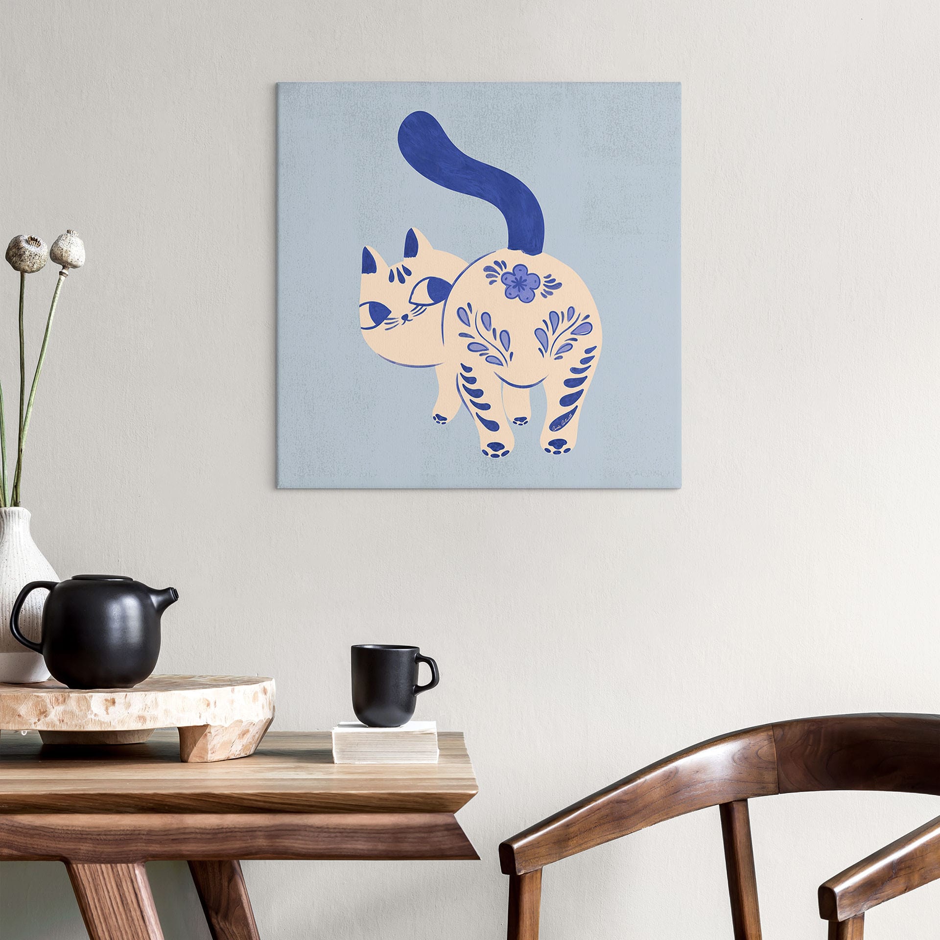 Leinwandbild Porzellan Katze Delfter Blau - Cantwell - Quadratisch