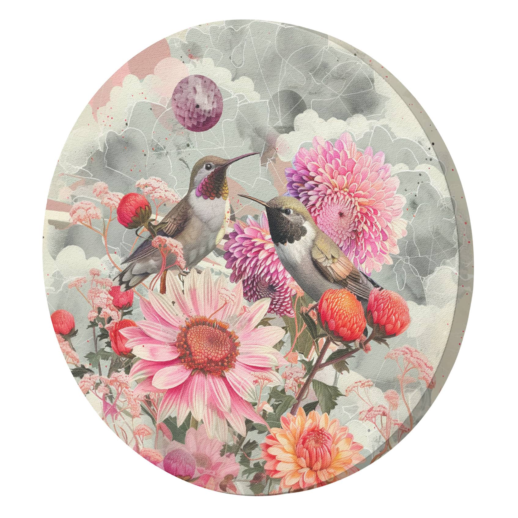 Rundes Leinwandbild Bunte Blumen und Kolibris