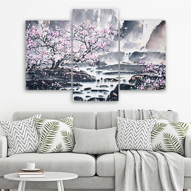 3 stykke lærredstryk, Japan Cherry Blossom Pink Nature