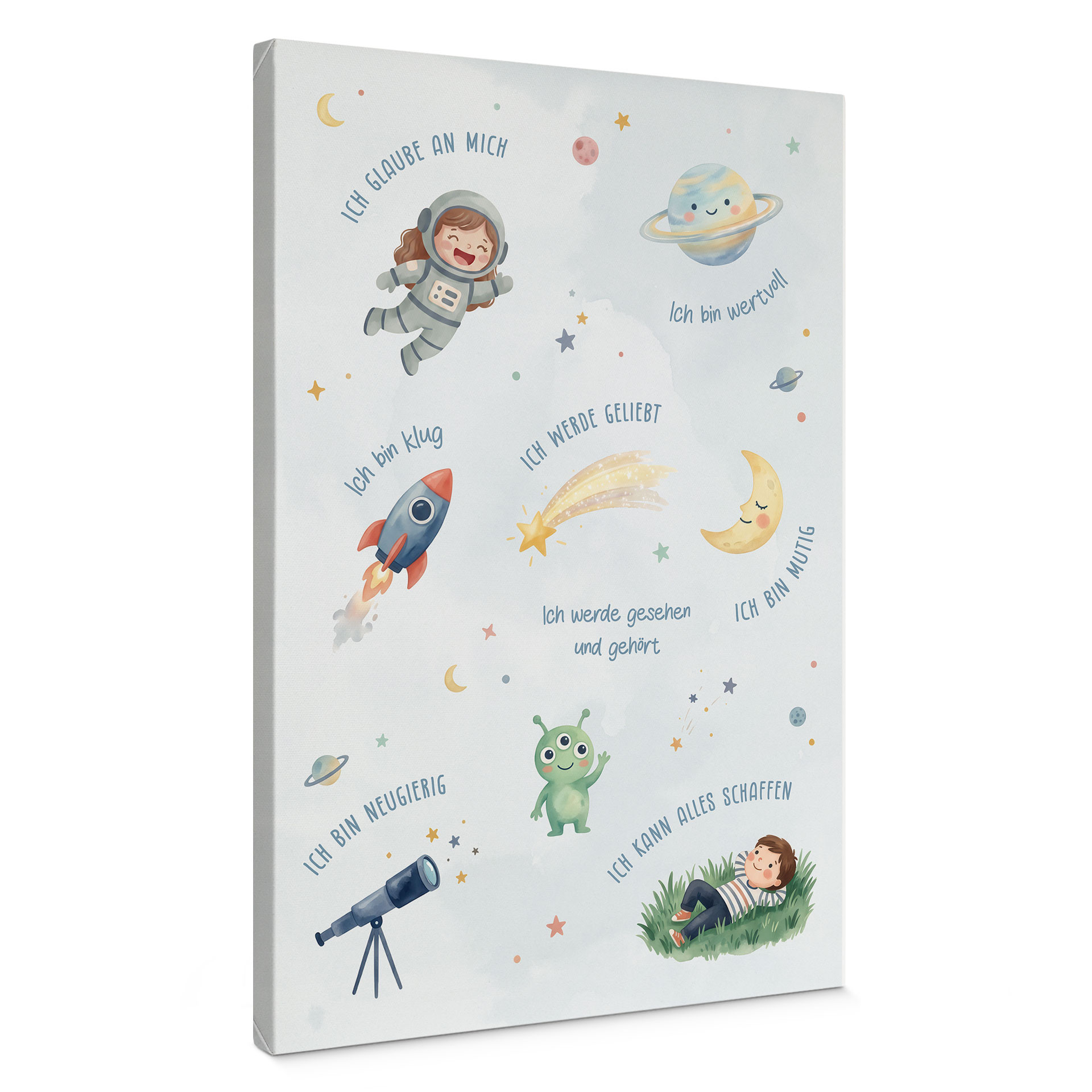 Leinwandbild - Affirmationen Weltraum mit Astronautin und Alien