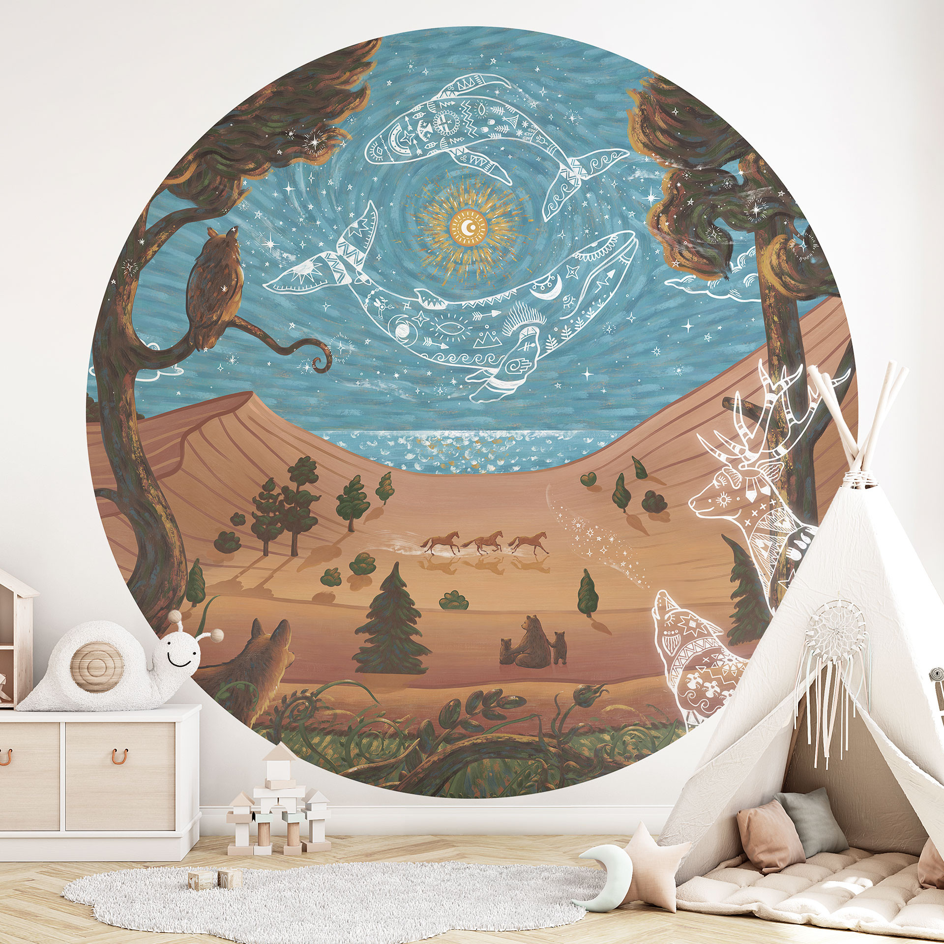 Rond Kinderfotobehang Spiritueel Dierenrijk in de Nacht - Oliver Robins