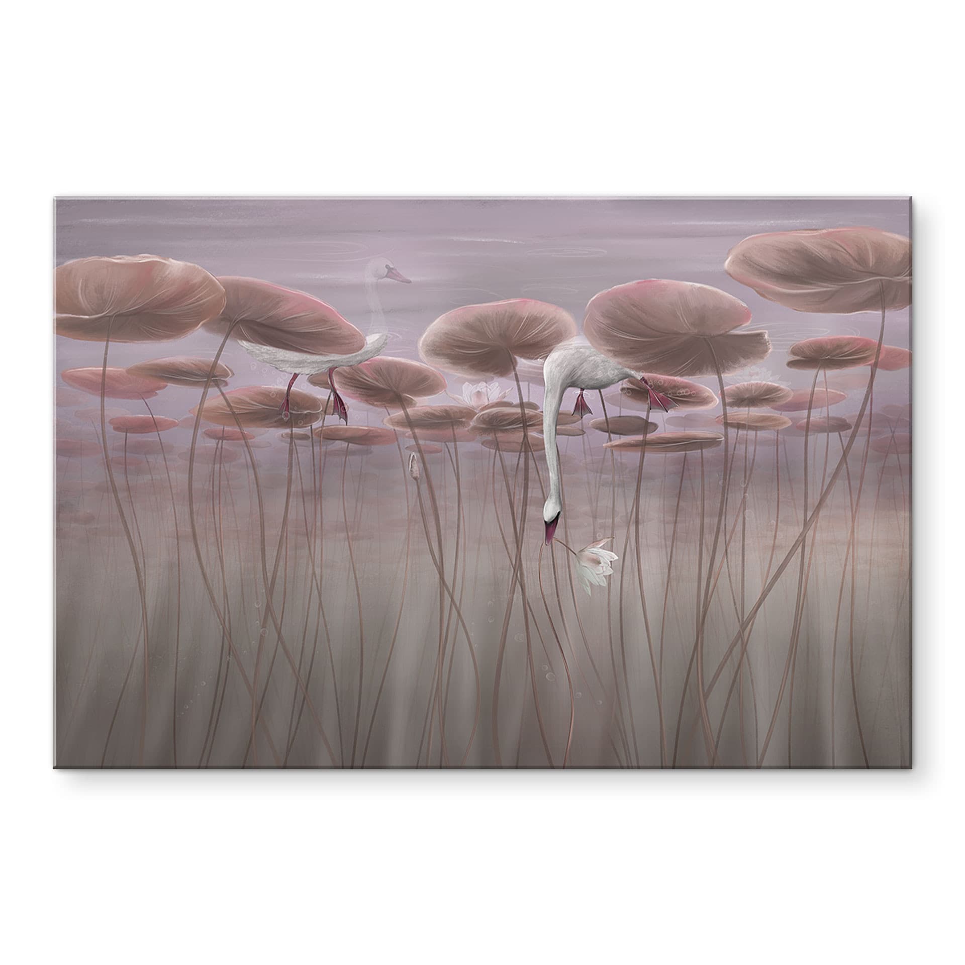 Spatscherm lotusbloemen met zwaan in water in donkerroze - Ms Tiff