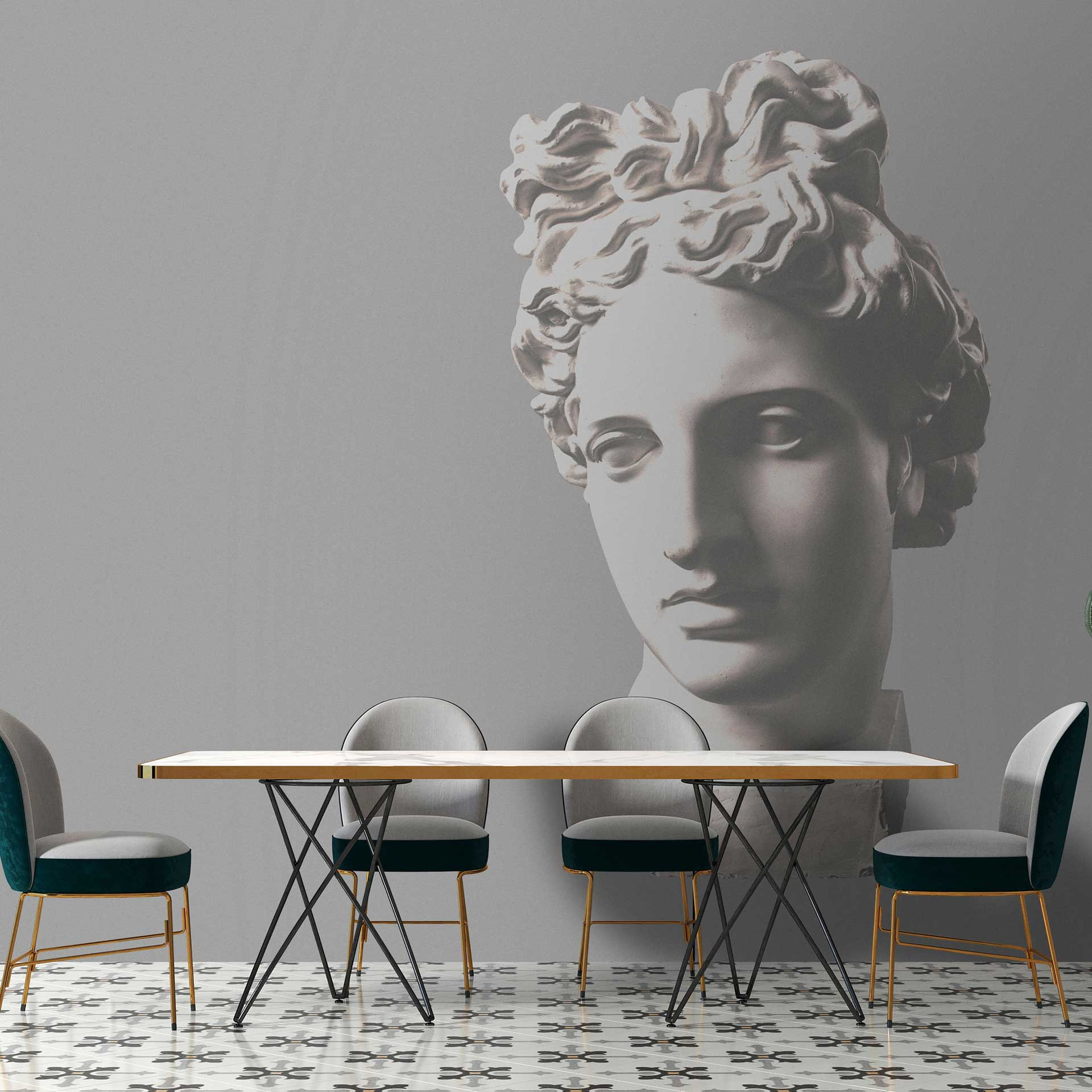 Antieke buste behang in grijze tint - vliesbehang met sculptuur motief