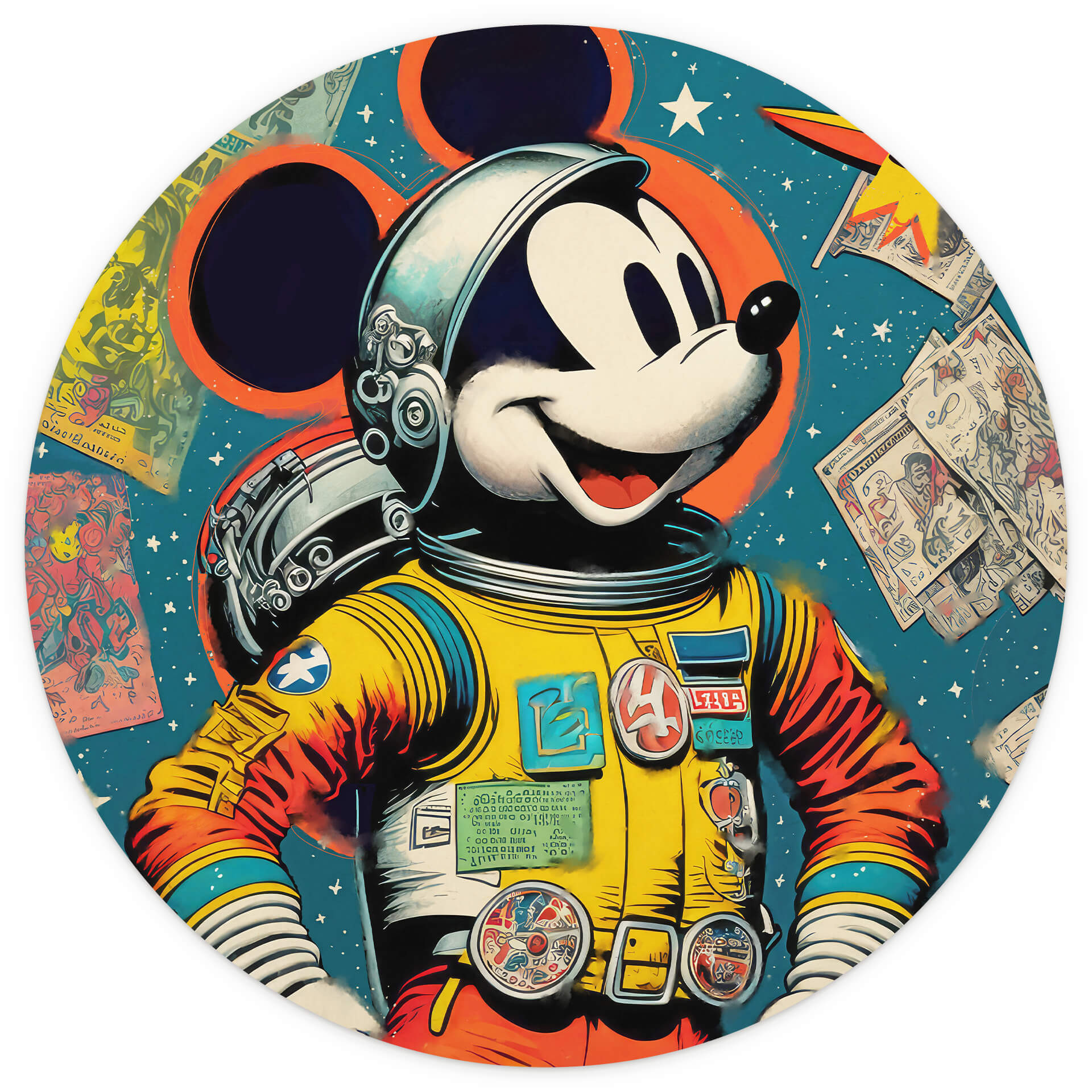 Fotobehang Boomkind - Mickey als astronaut in retrostijl - Rond - vliesbehang/zelfklevend vliesbehan