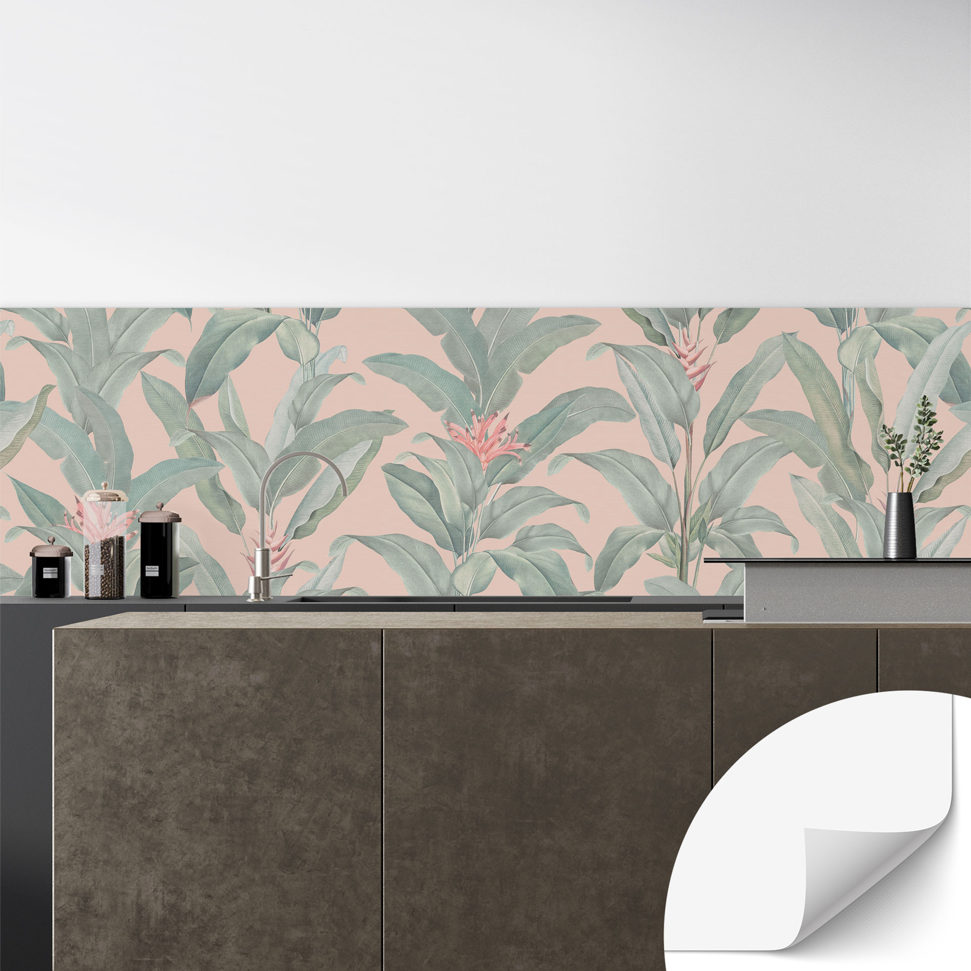 Samoprzylepny panel ścienny do kuchni Urban Jungle Tropical Leaves Pink - Bloomery Decor