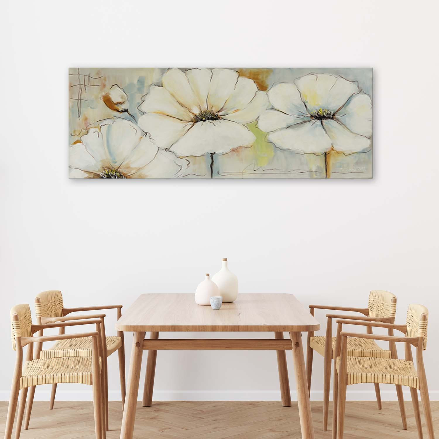Canvasbillede, Tre blomster og en knop