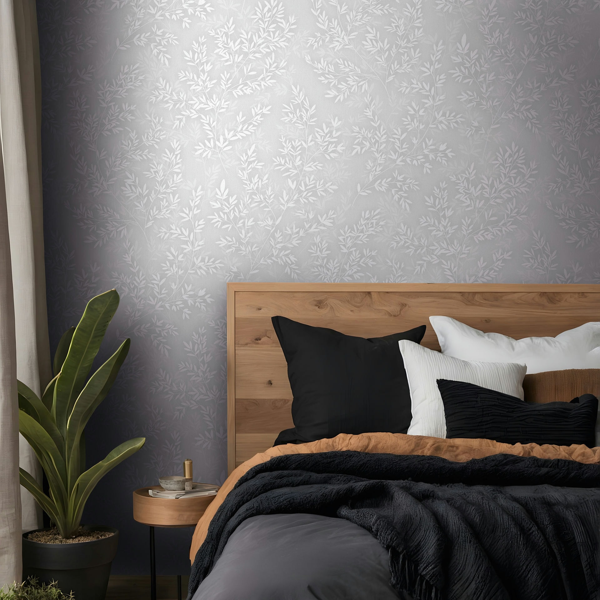 Vliesbehang bladeren bloem natuur mat in grijs wit