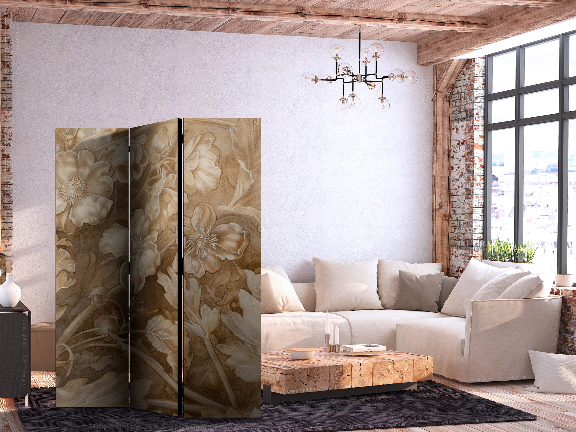 Paravent, Raumteiler freistehend, Trennwand - Carved Floral Ornaments in Soft Sepia and Brown Tones