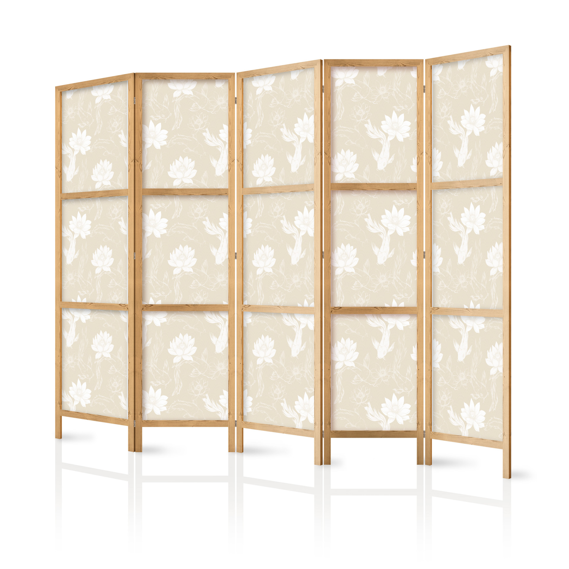 Japanischer Paravent, Raumteiler freistehend, Trennwand - Fish and Water Lilies: Sand-Beige Backgrou