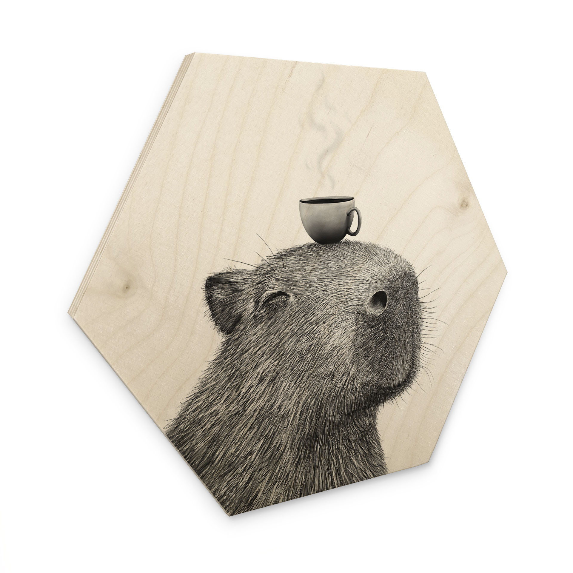 Hexagon Billede af træ Capybara Morgen Kaffe - Korenkova