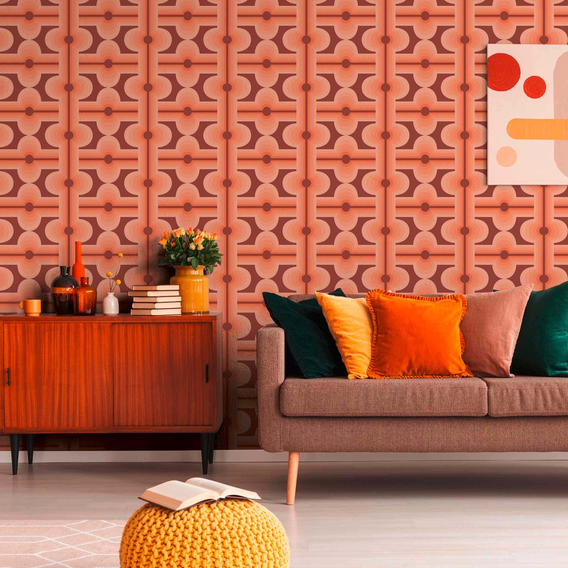 Vliesbehang rood oranje - retro patroonbehang grafisch - grafisch behang