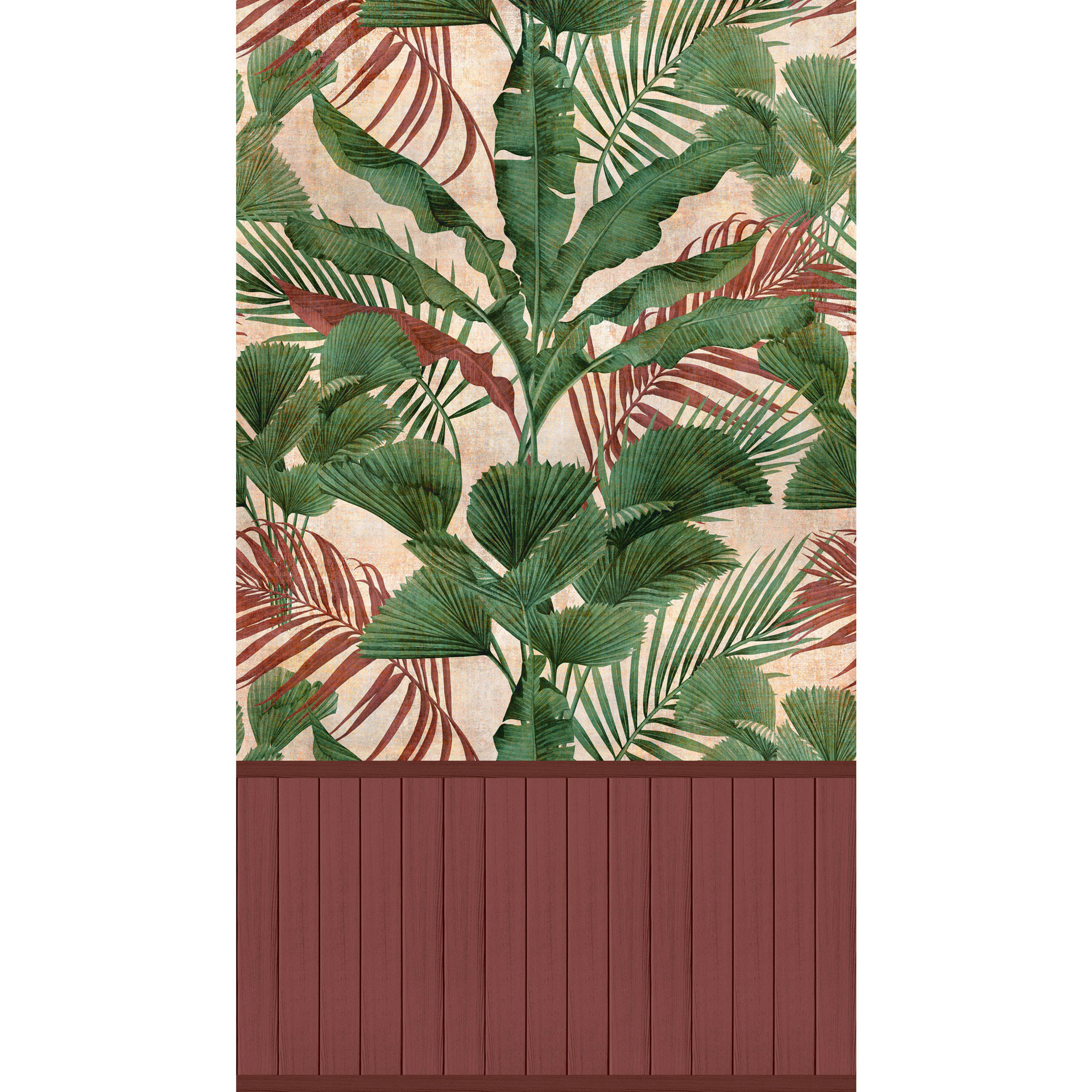 Jungle groen met rood beige houtpaneel behang - tropisch Vliesbehang, uittrekbaar