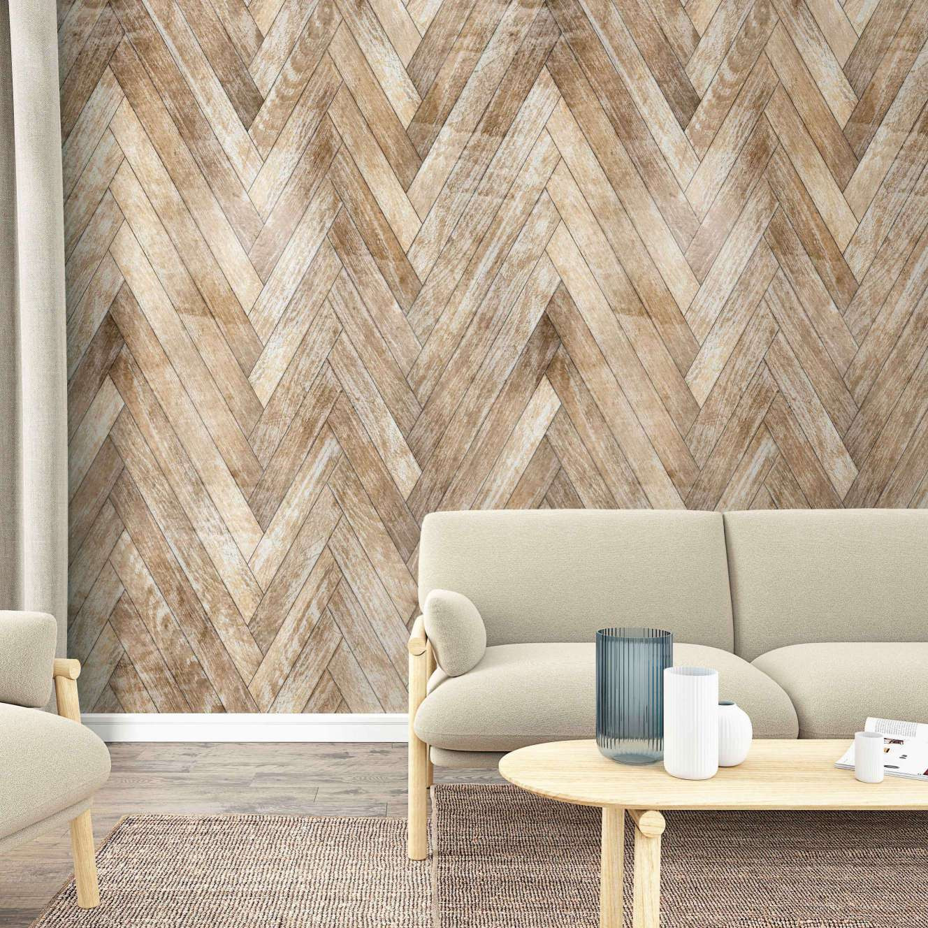 Visgraatmotief hout bruin behang met houteffect 2,70 x 1,59 m