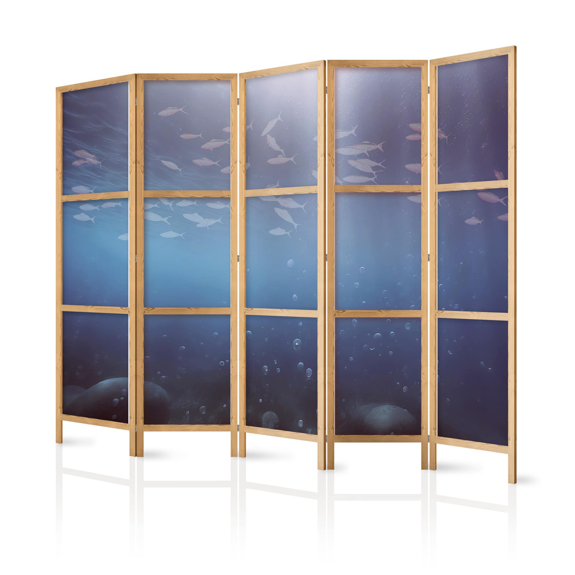 Japanischer Paravent, Raumteiler freistehend, Trennwand - Illuminated Oceanic Depth: School of Tiny