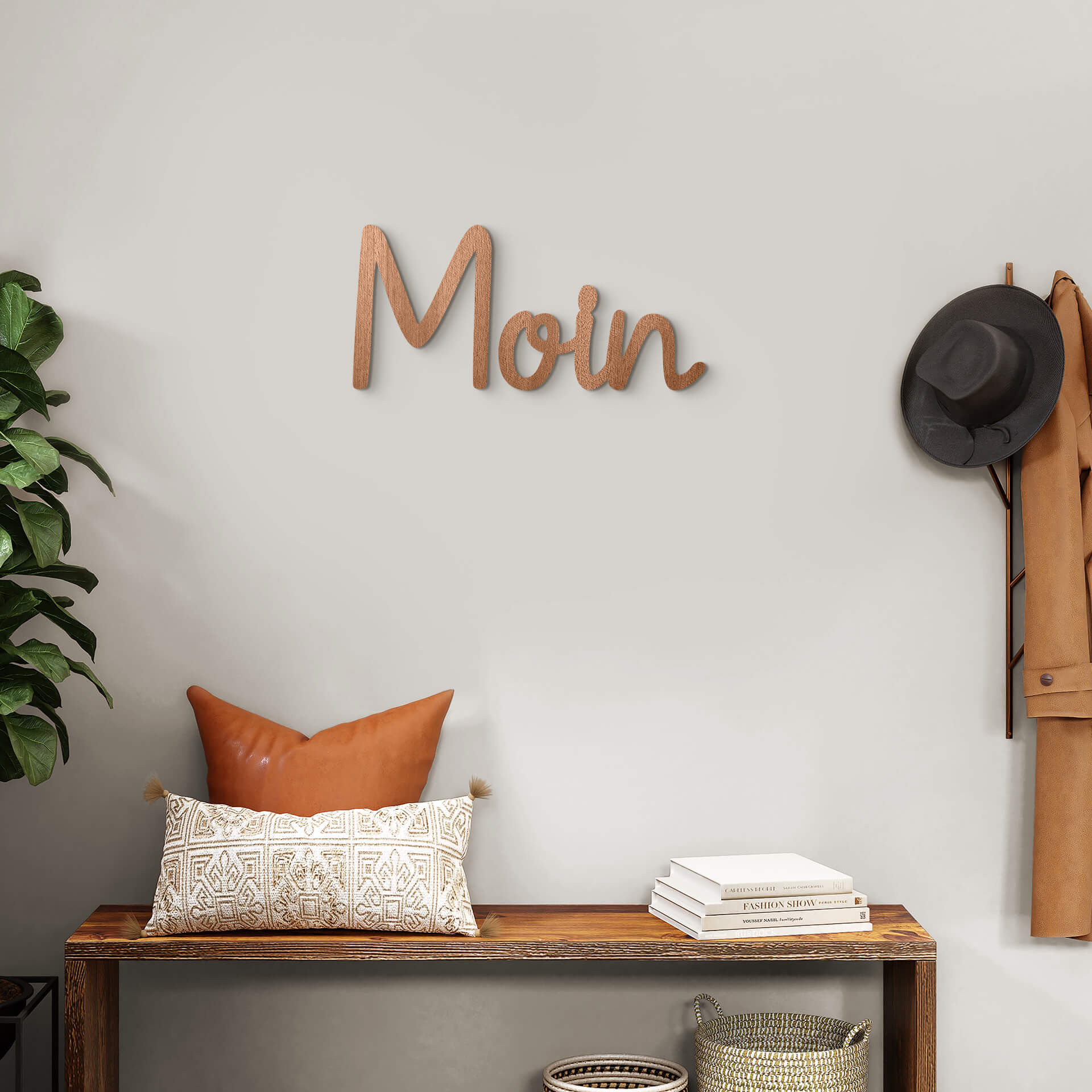 3D Holz Schriftzug Moin - norddeutscher Gruß - Mahagoni