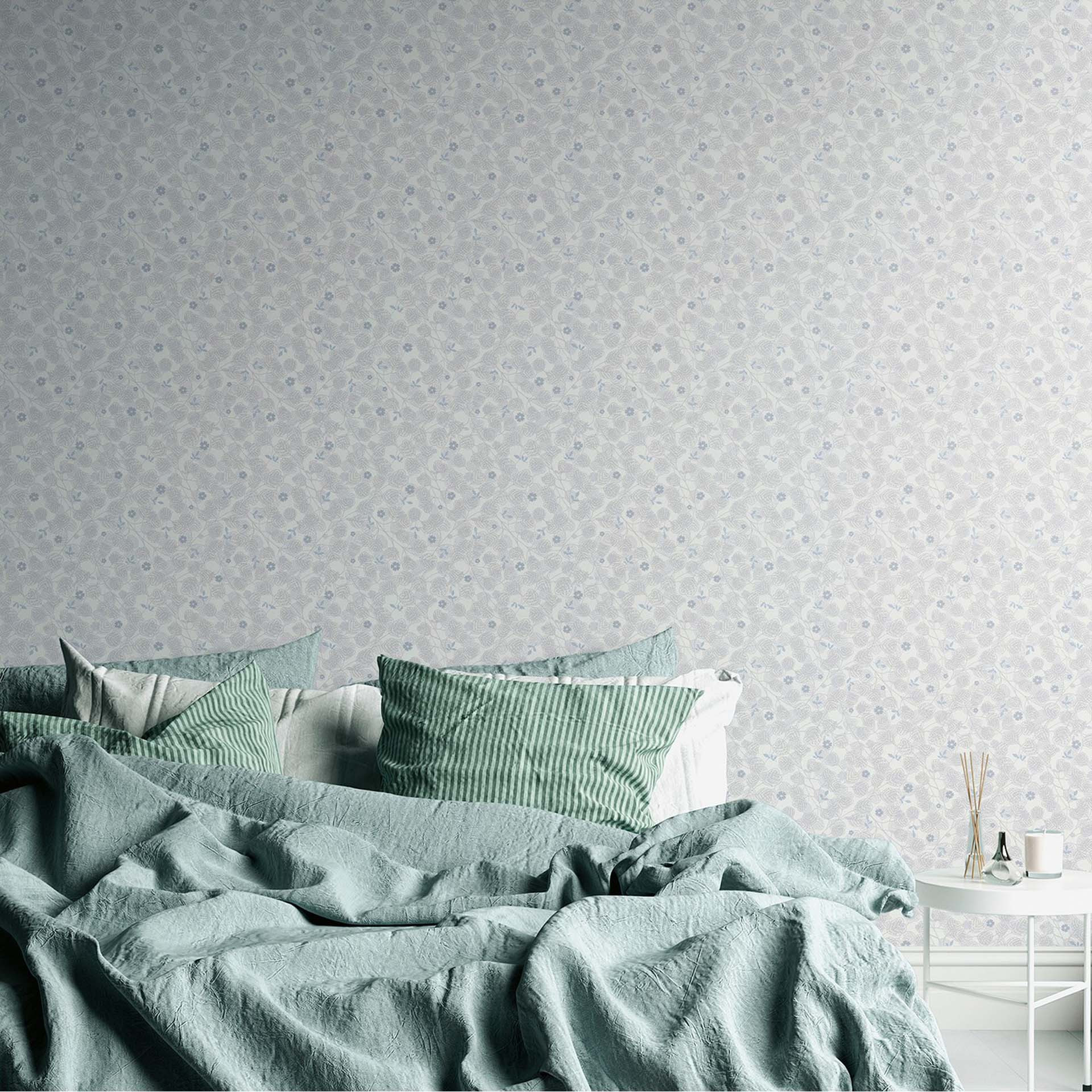 Bloemen behang vintage landelijke stijl vliesbehang bladeren Scandinavische bloemen blauw, wit, grij