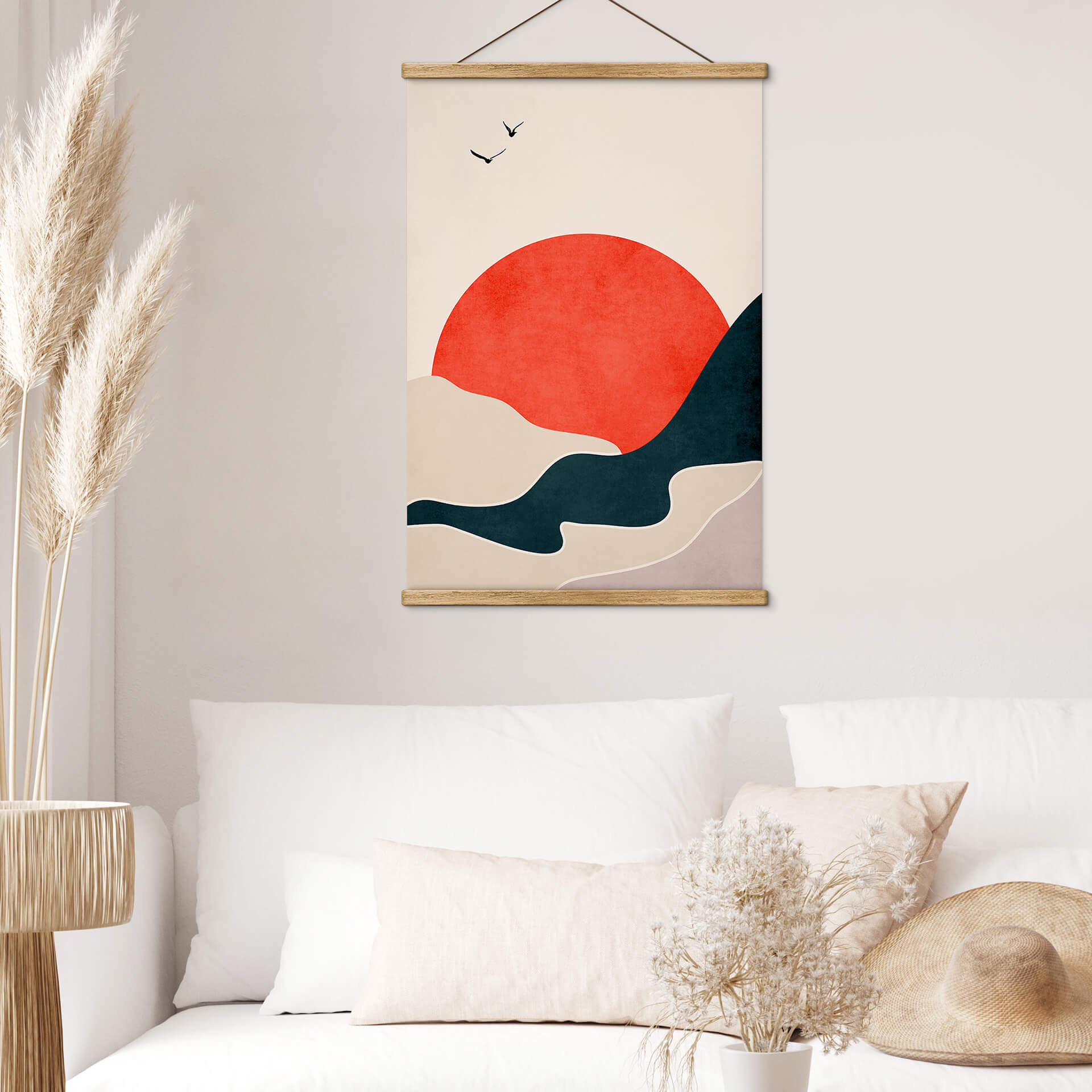 Obraz tkaniny Wschód słońca w krajobrazie z gołębiami - Kubistika