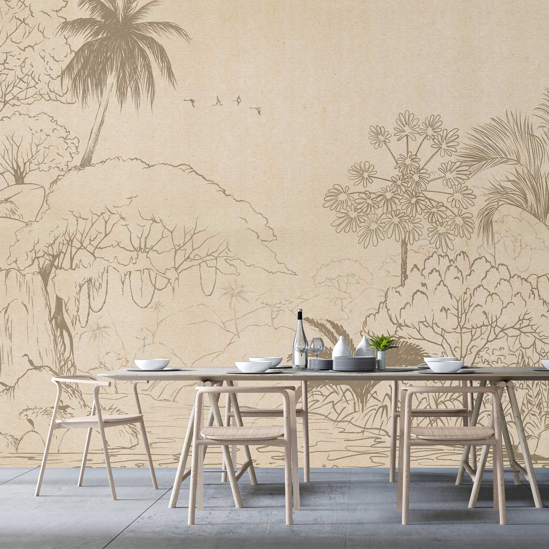 Tropisch landschap schetsbehang - vliesbehang in tekenstijl
