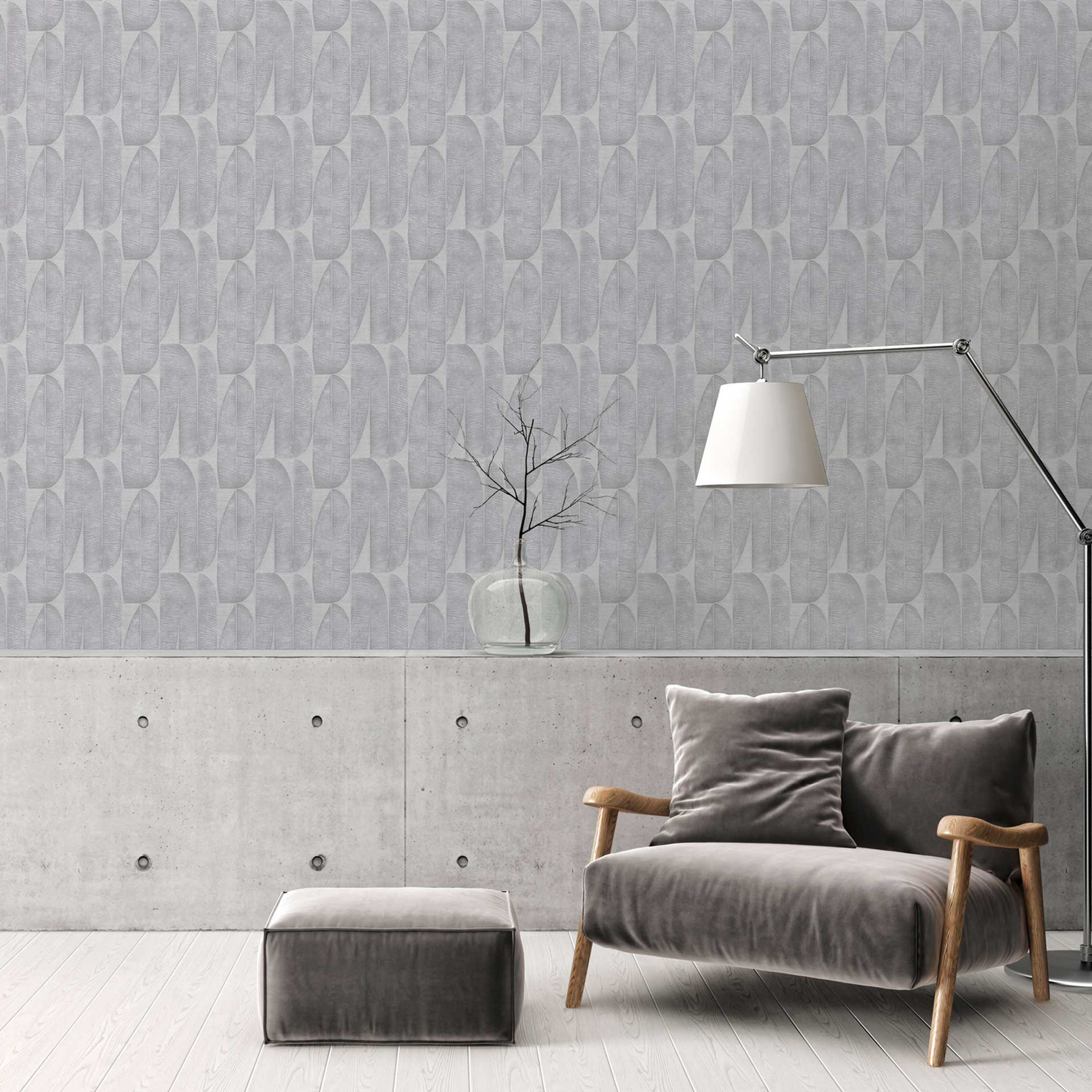 Modern vliesbehang met bladmotief in leigrijs - stijlvolle wanddecoratie
