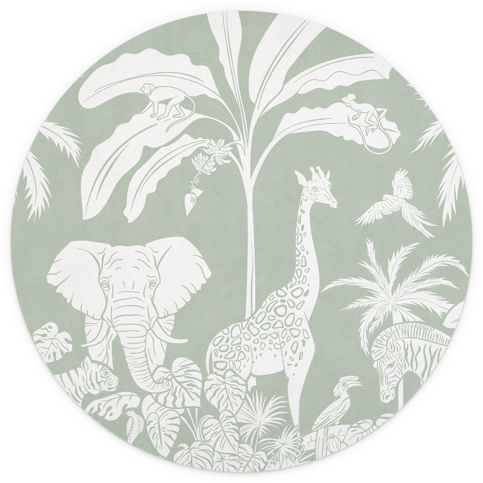 Jungle dieren in tropisch groen - Kikki Belle - Fotobehang rond - vliesbehang/zelfklevend vliesbehan