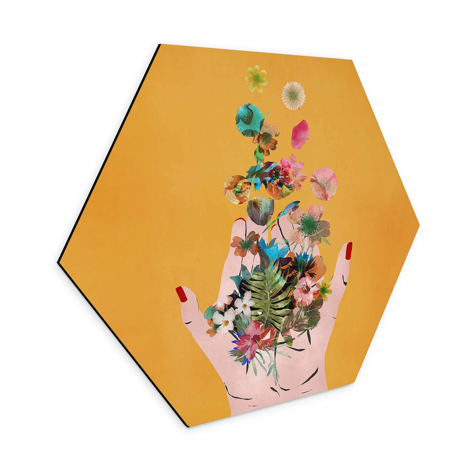 Hexagon Dibond Treechild - Colorful flowers in Frida's hands