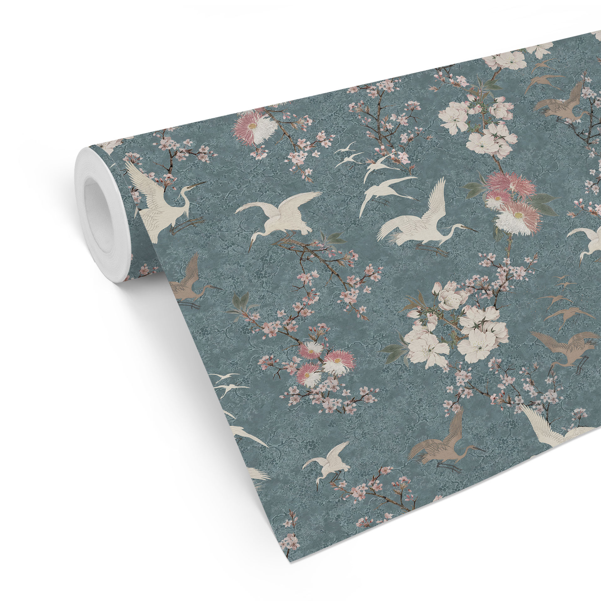 Carta da parati blu con fiori di ciliegio e gru - Bloomery Decor