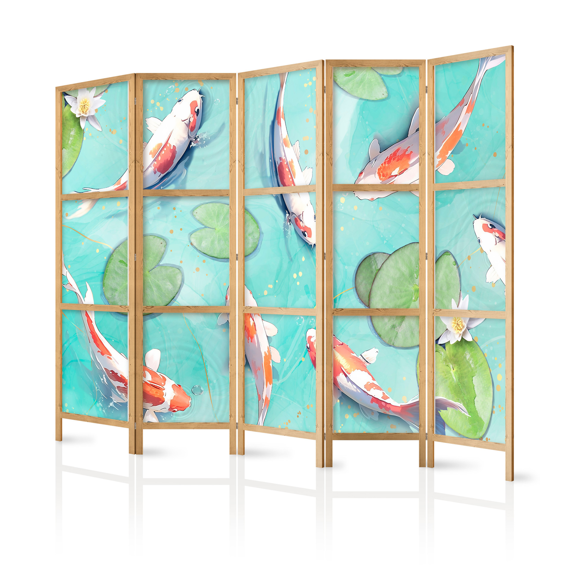 Japanischer Paravent, Raumteiler freistehend, Trennwand - Spectacular Fish in Crystal Clear Water