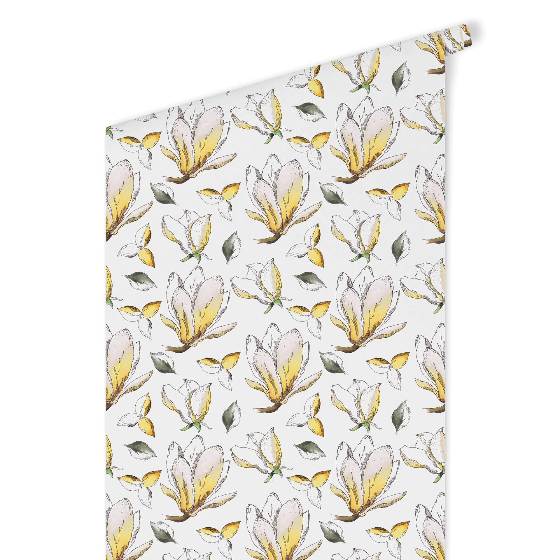 Tapet med mønster - illustrerede blomster - gul