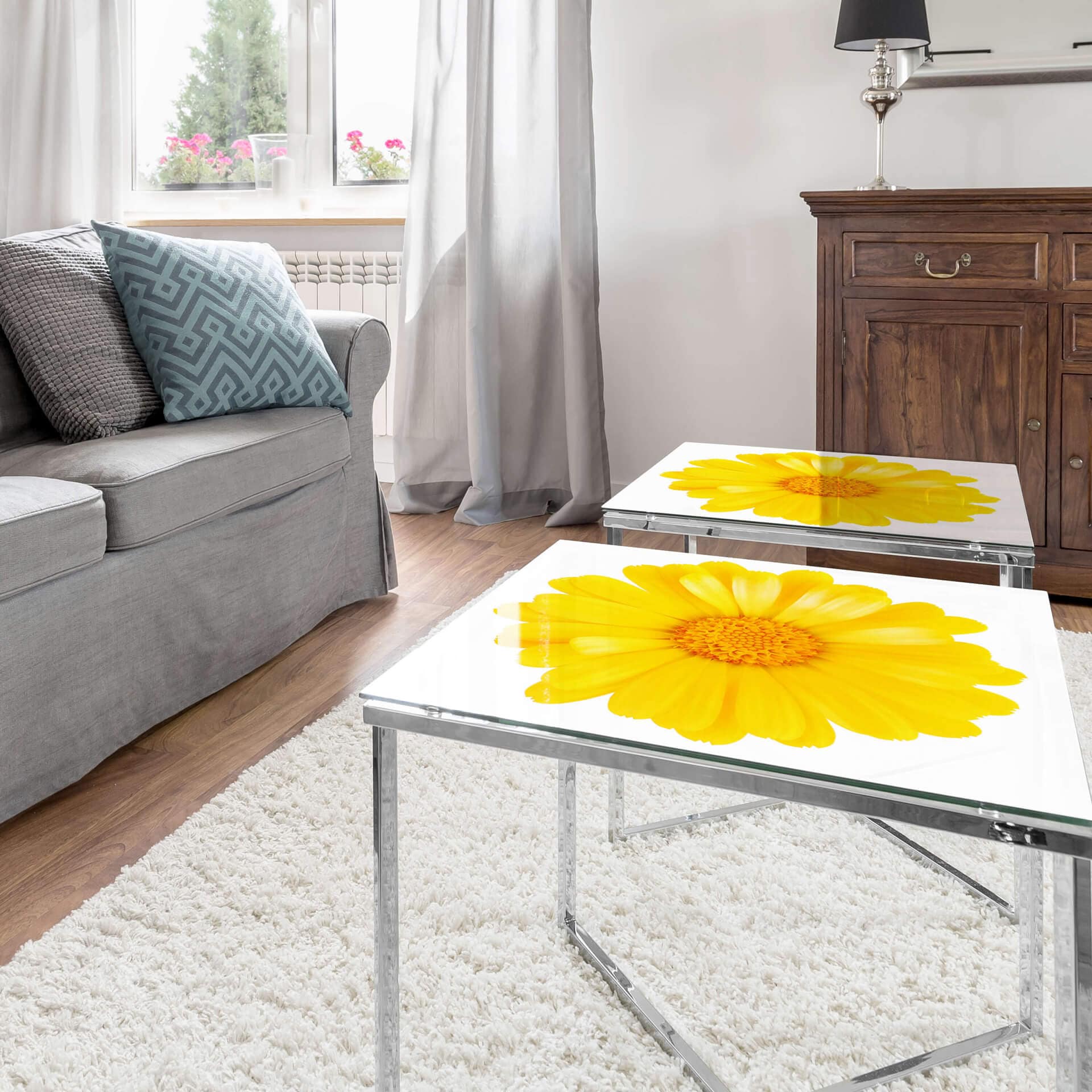 Plateau de table en verre - Gerbera jaune - Carré - 60x60 cm