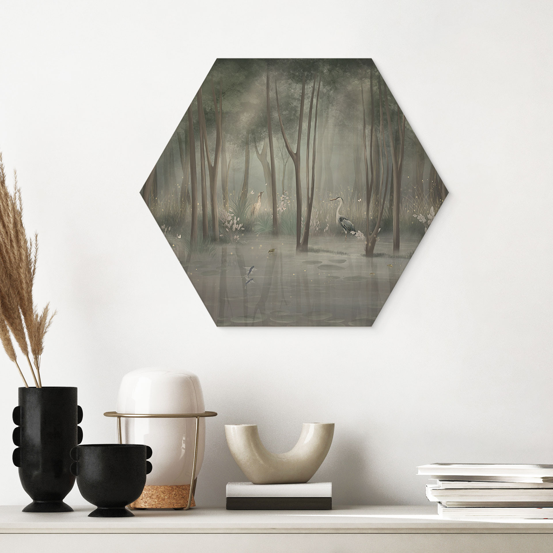 Houten Wanddecoratie wolkenbos aan het meer met reiger in het groen - Ms Tiff