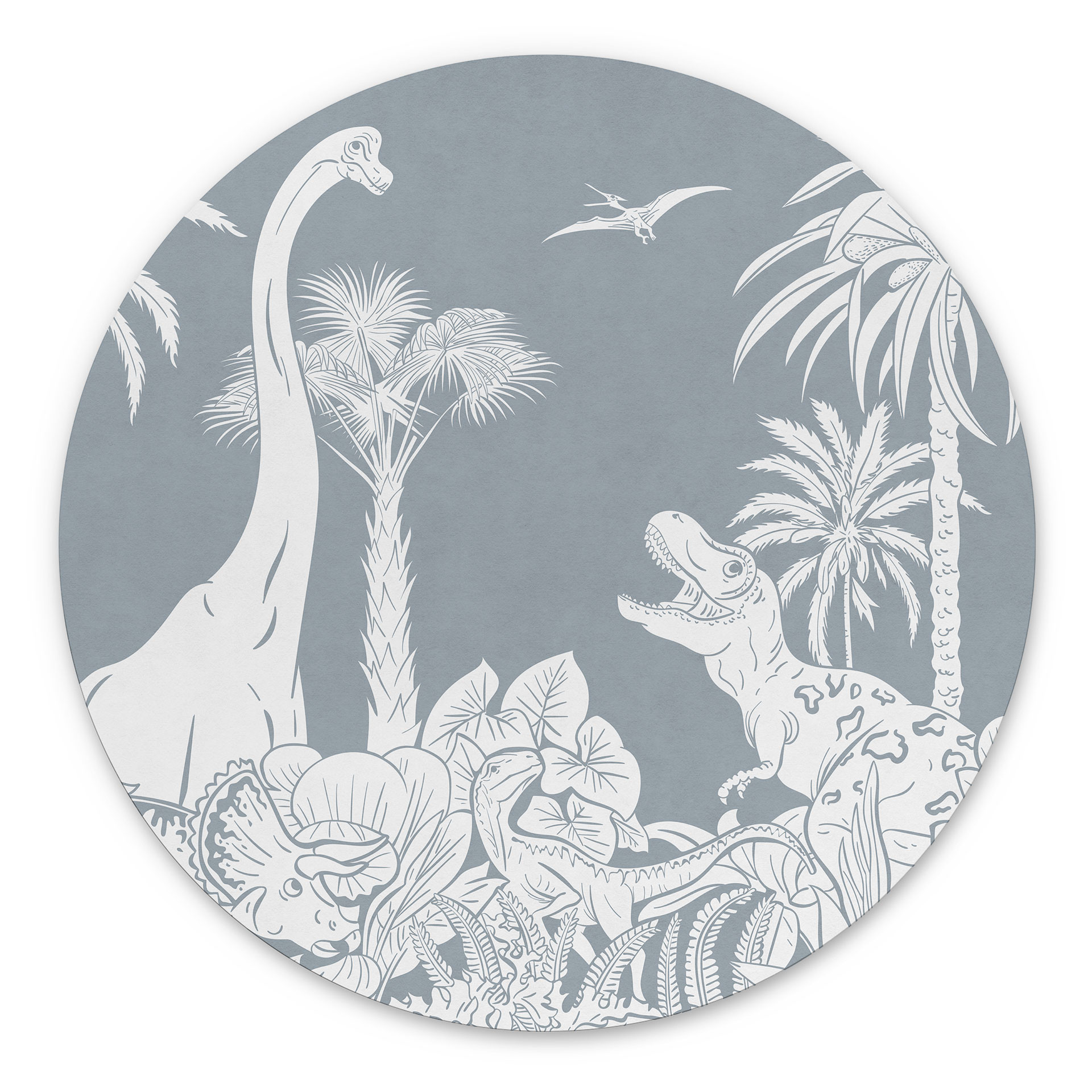 Rundt billede I dinosaurernes land - Blå - Kikki Belle – print på aluminium (Alu-Dibond)