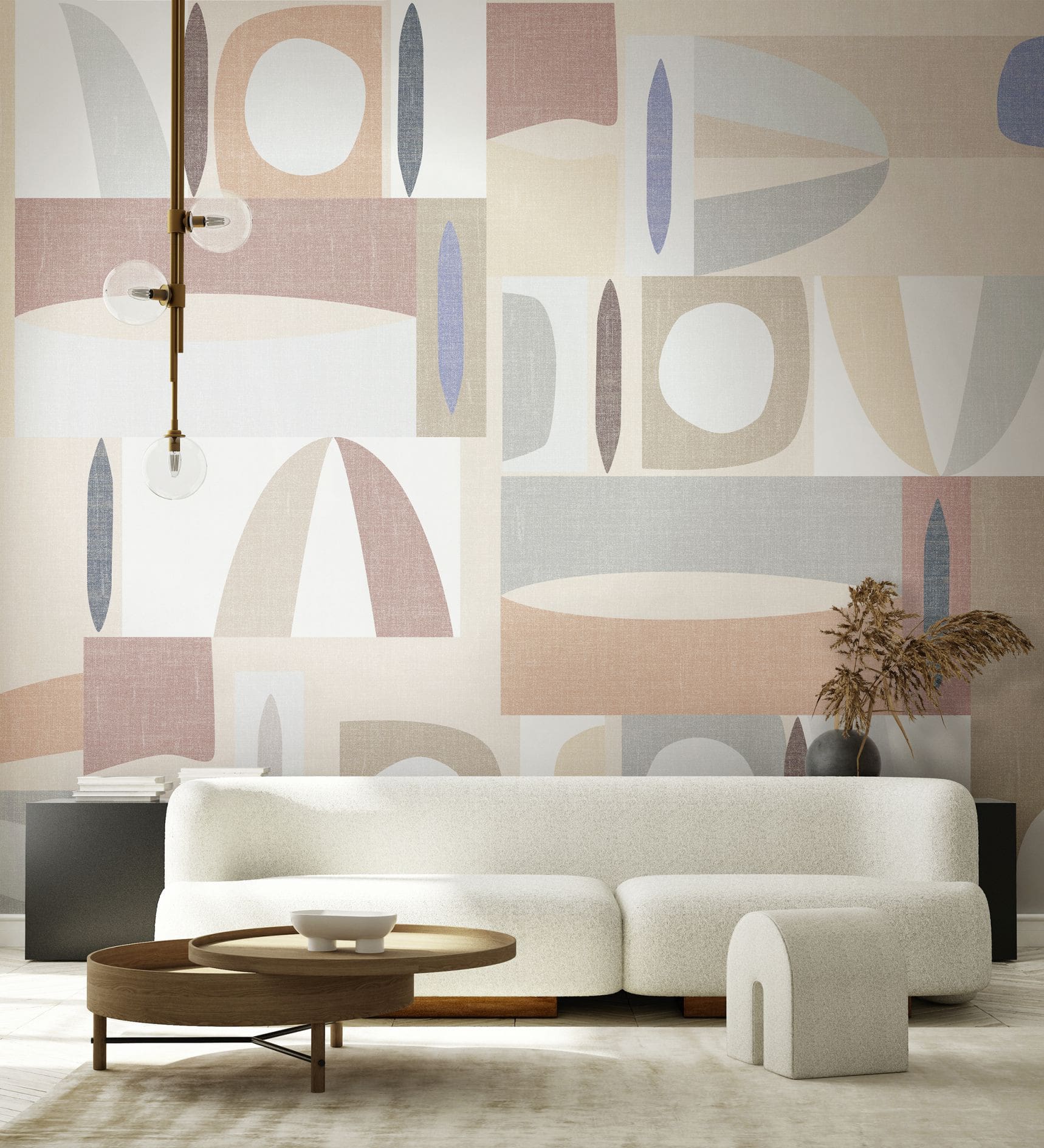 Papier peint photo formes abstraites dans les tons beige, rose et bleu rétro 3,4 x 2,65 m