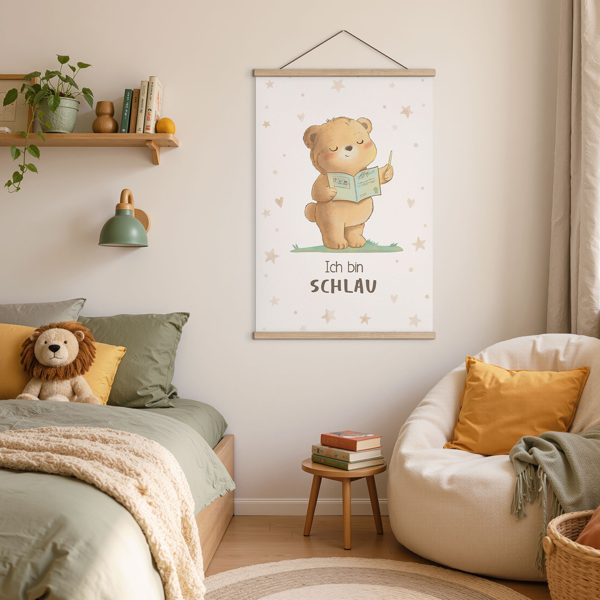 Stoffbild mit Bär und Buch - Selbstliebe-Spruch 'Ich bin schlau'