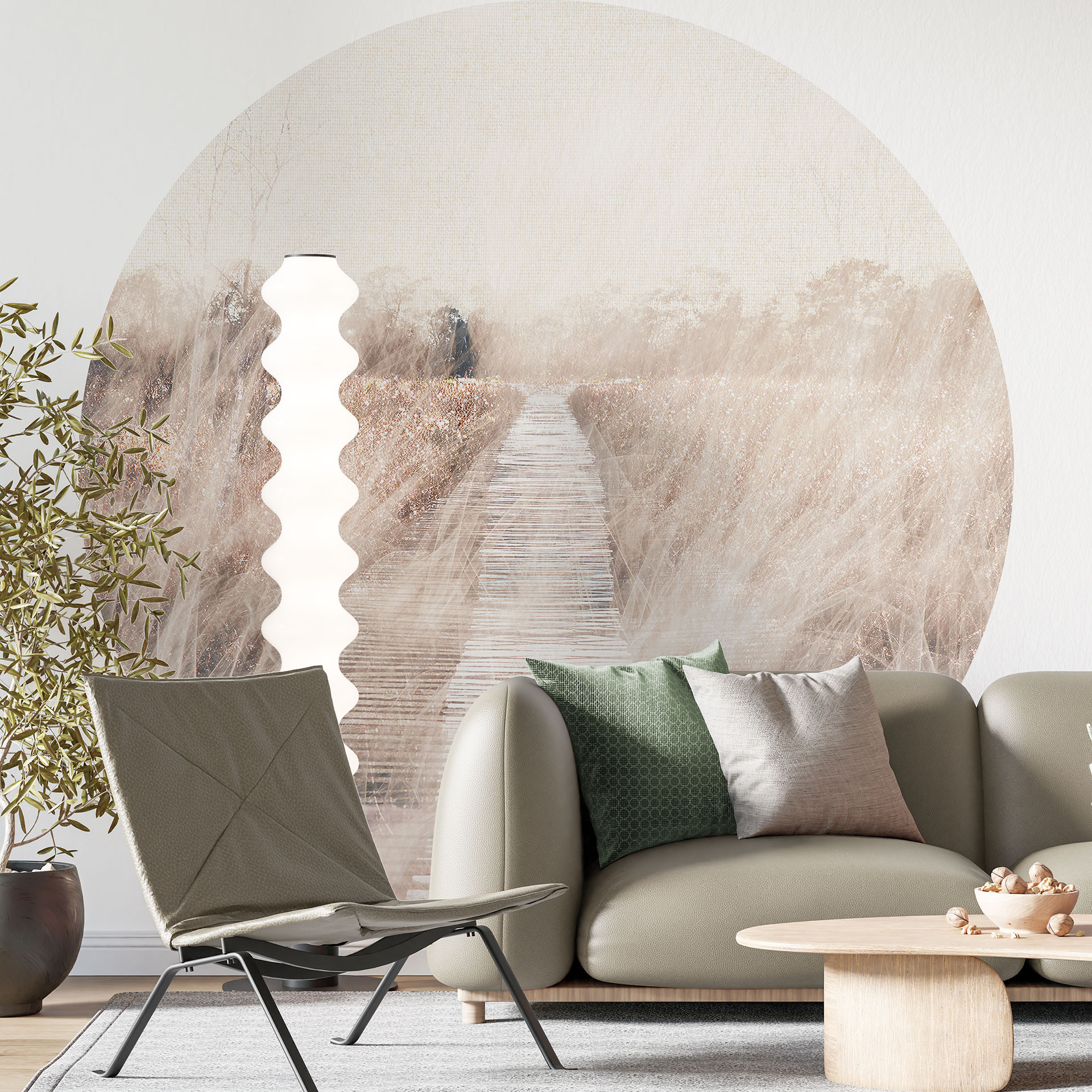 Behangcirkel Dromerig landschap met houten loopbrug - vliesbehang/zelfklevend vliesbehang