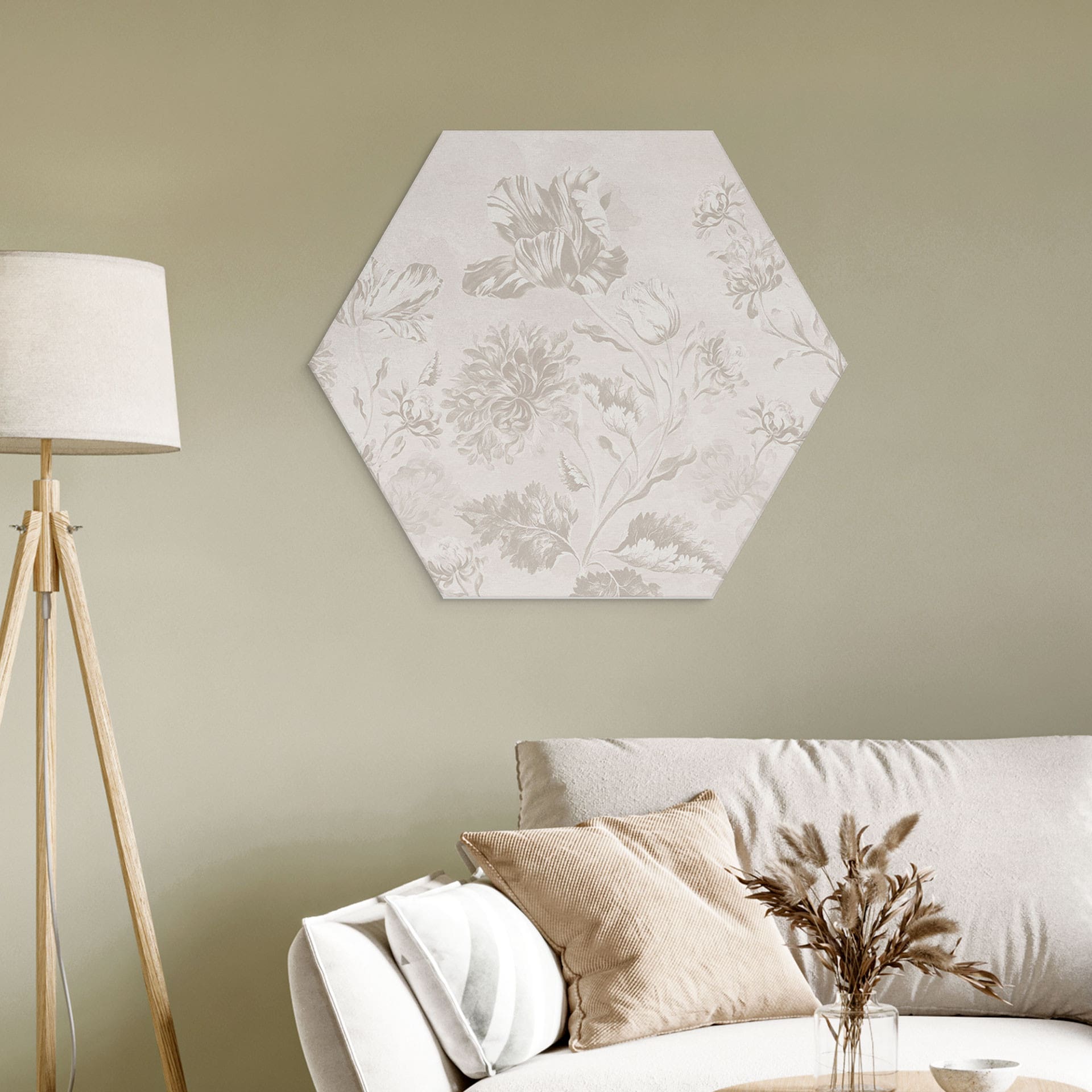 Sekskantet Billede af vilde blomster i kridtlook Greige - Bloomery Decor - Alu-Dibond