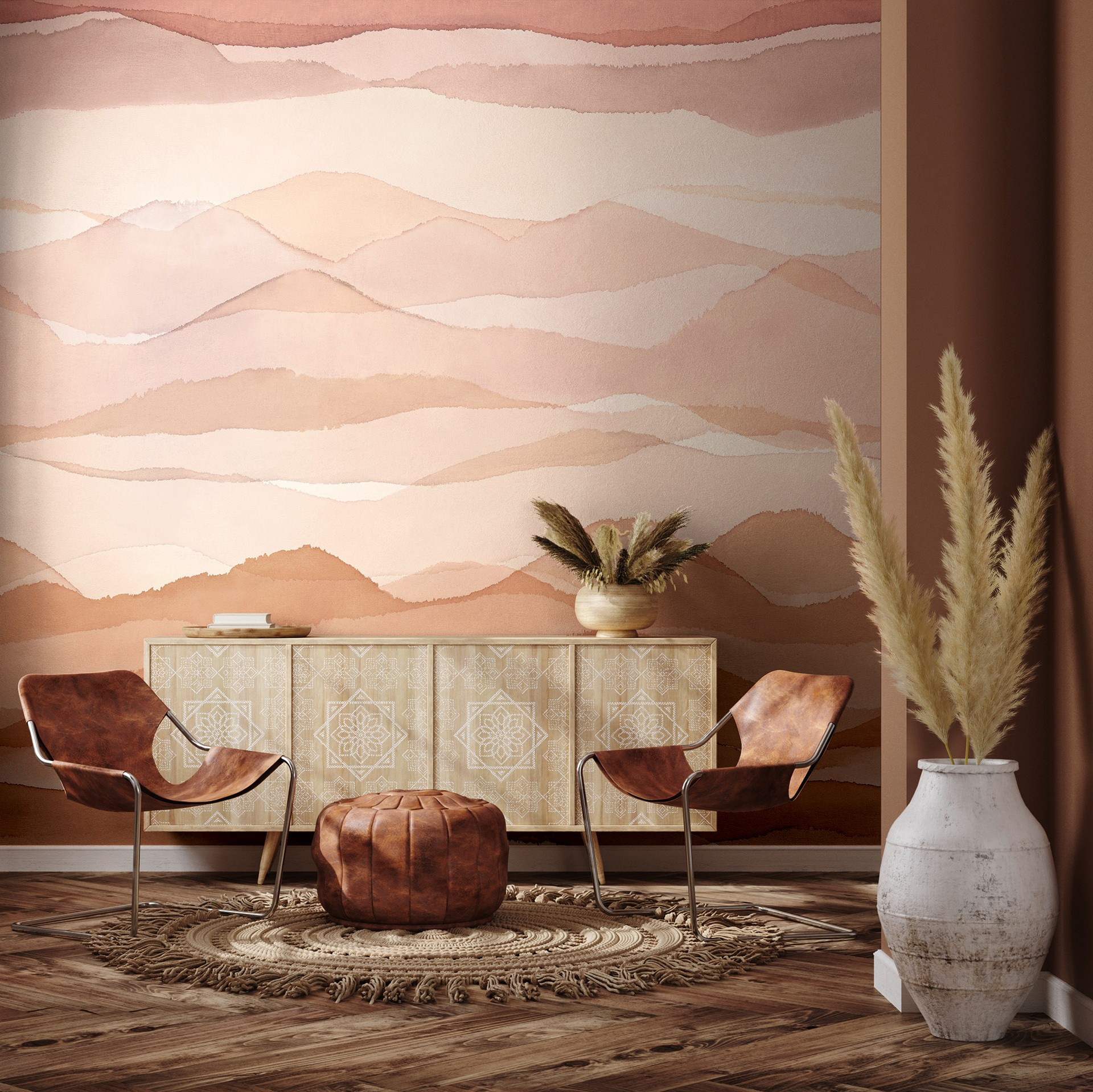 Papier peint photo avec motif Paysage délicat à l'aquarelle dans les tons beige et rose 2,7 x 2,65 m