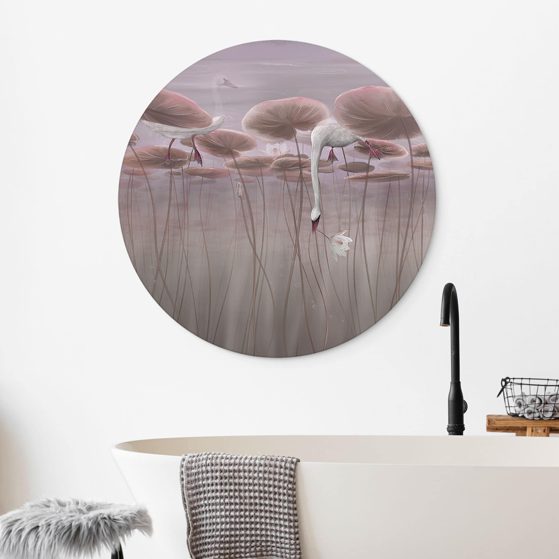 Wanddecoratie lotusbloemen met zwaan in water in schemerroze - Ms Tiff - Alu-Dibond Rond