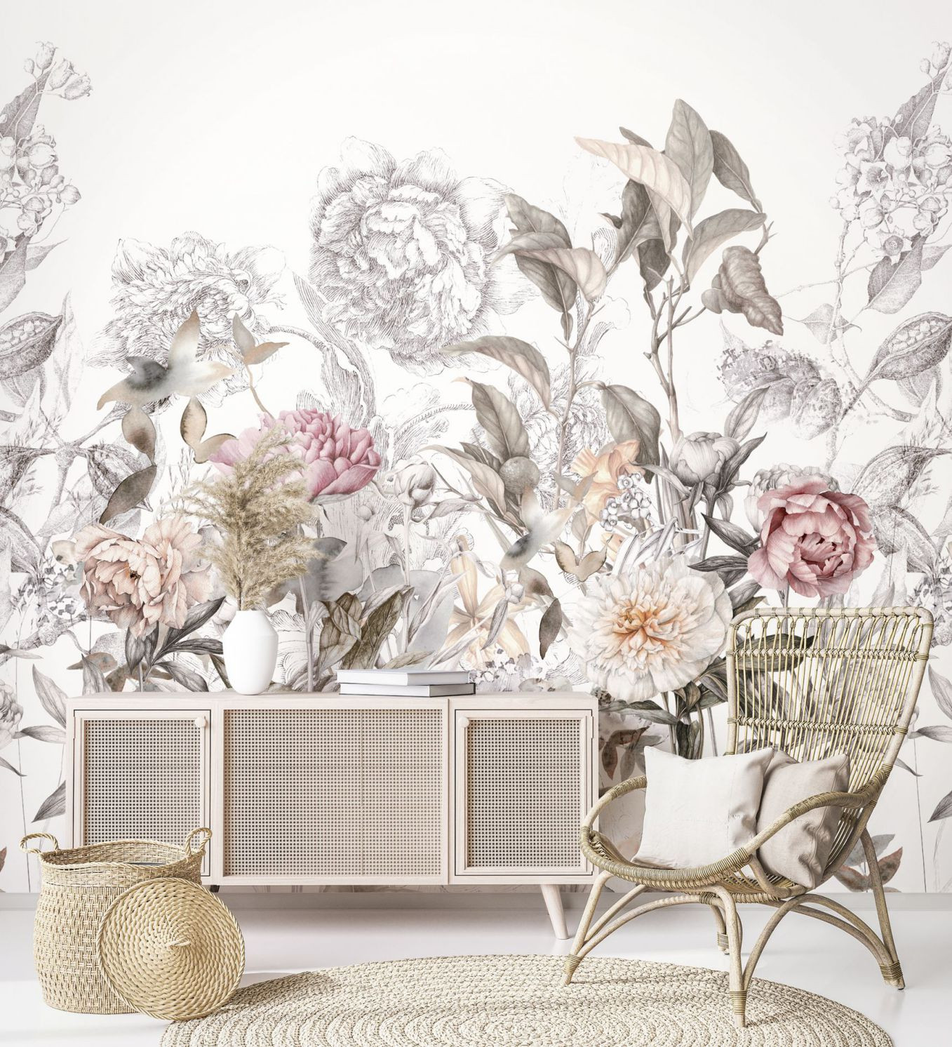 Papier peint photo motif Fleurs délicates vintage en beige et rose 3,4 x 3,18 m