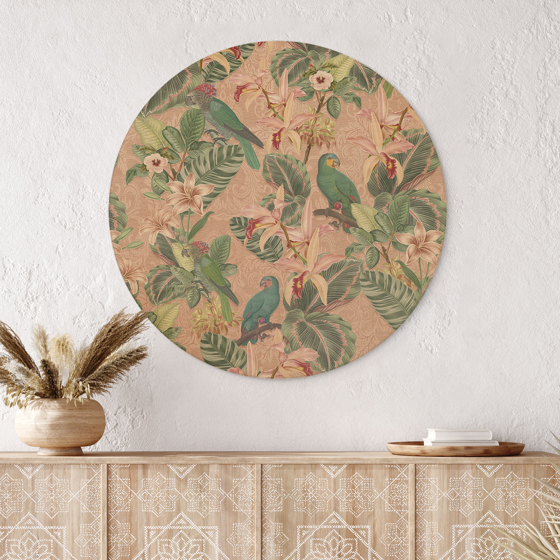 Obraz drewniany dżungla z papugami różowy - Bloomery Decor - Okrągły