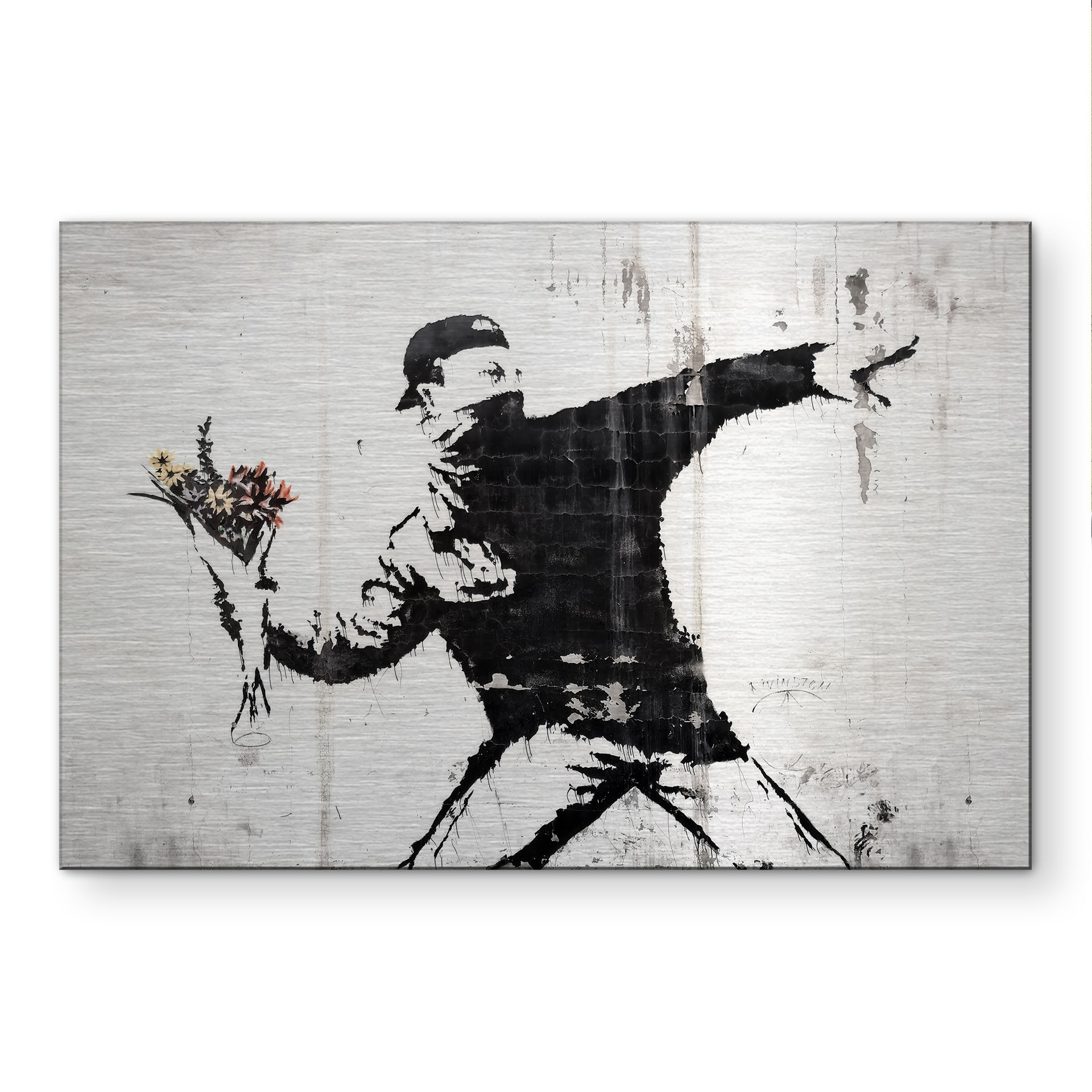 Alu-Dibond brossé avec Effet Doré, Argenté & Cuivré - Le lanceur de fleurs - Banksy