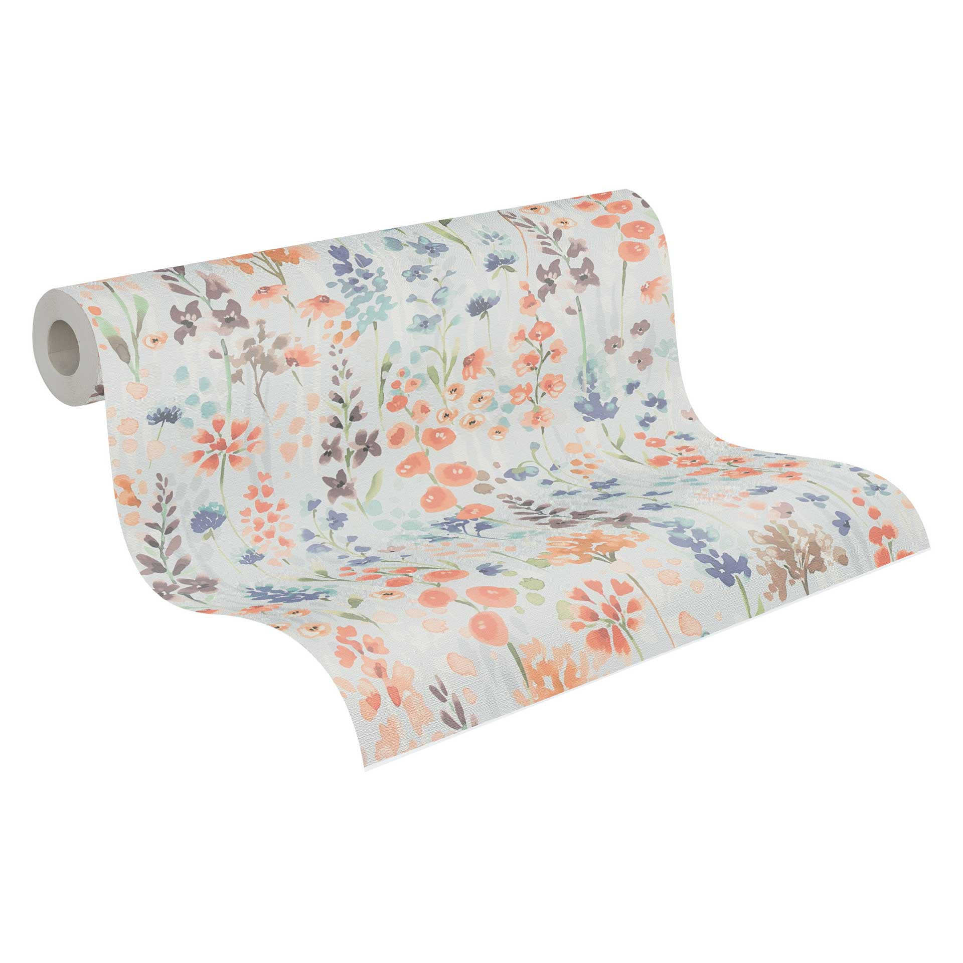 Bloemen behang aquarel blauw oranje - bloemen patroon behang - vliesbehang